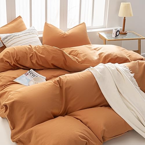 Miniatura 7 de Funda de edredón naranja quemado, tamaño Queen, 100% algodón lavado con textura similar al lino para todas las estaciones, juego de ropa de cama