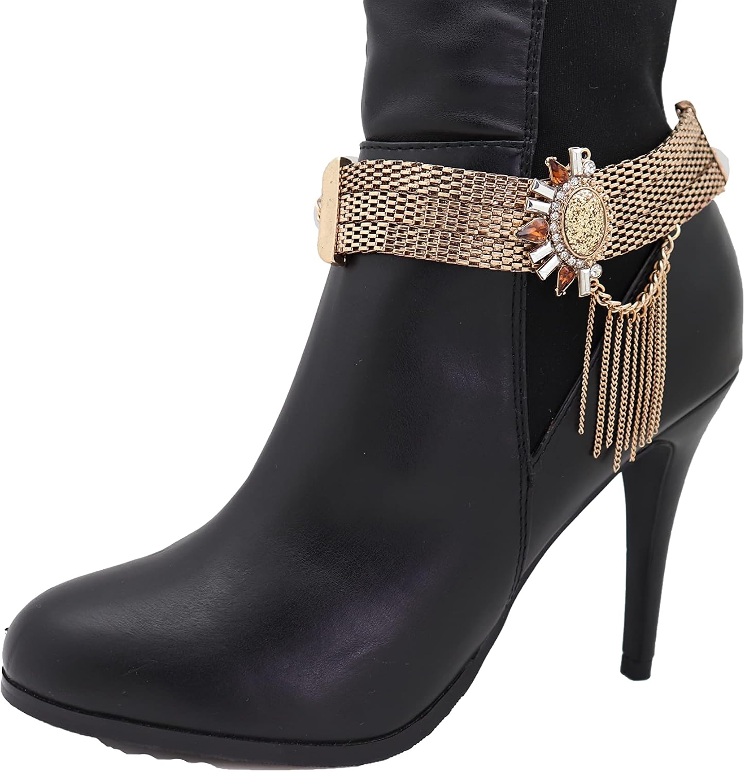 Women Western Boot Chain Bracelet Gold Mesh Metal Glitter Sun Bling Shoe Anklet Charm Tassel Wave