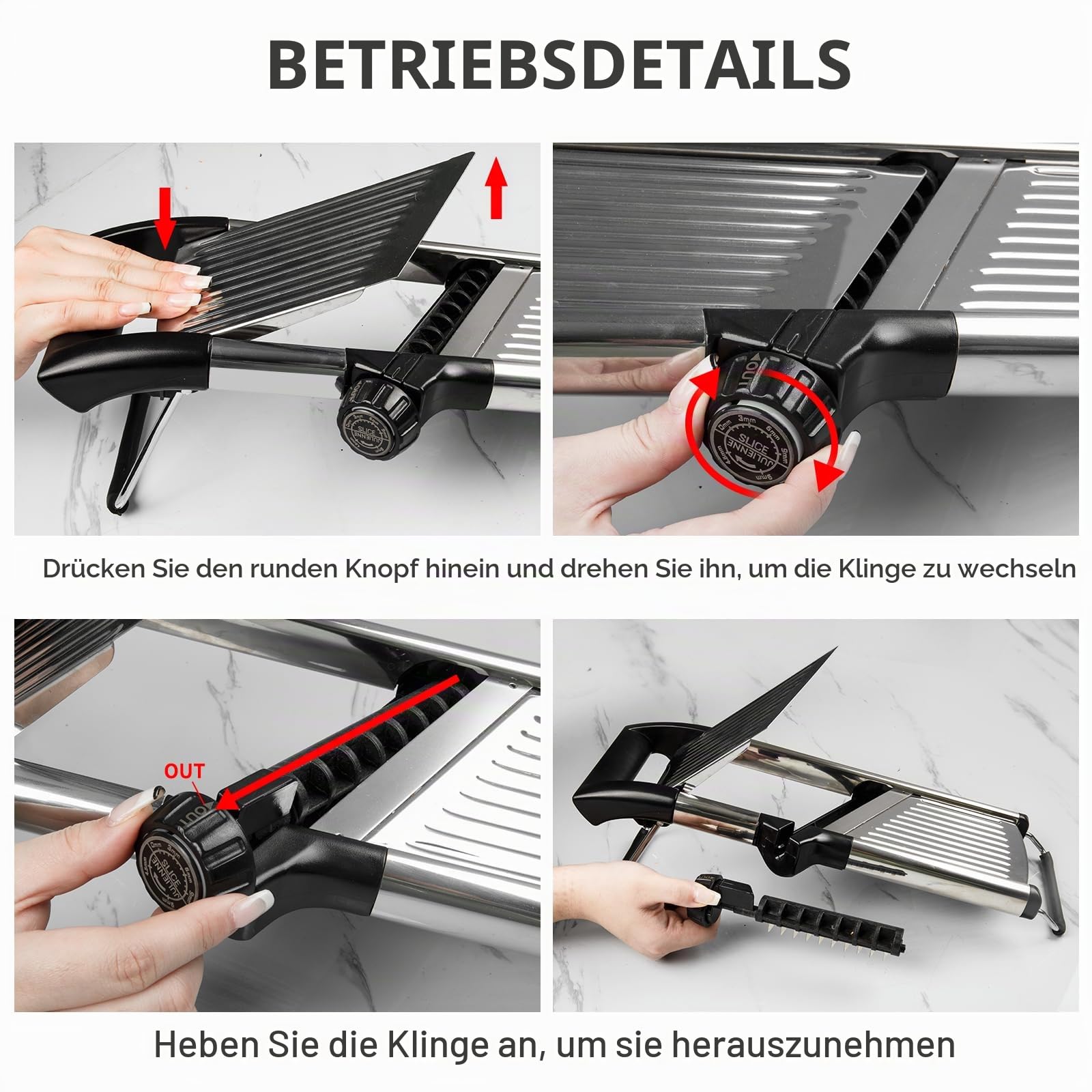 Mandolinenschneider, Gemüsehobel für Küche, Mandoline, Kartoffelhobel, Gemüseschneider, verstellbarer Edelstahl, Gemüse, Zwiebeln, Tomaten, Julienne-Schneider mit schnittfesten Handschuhen (Silber)