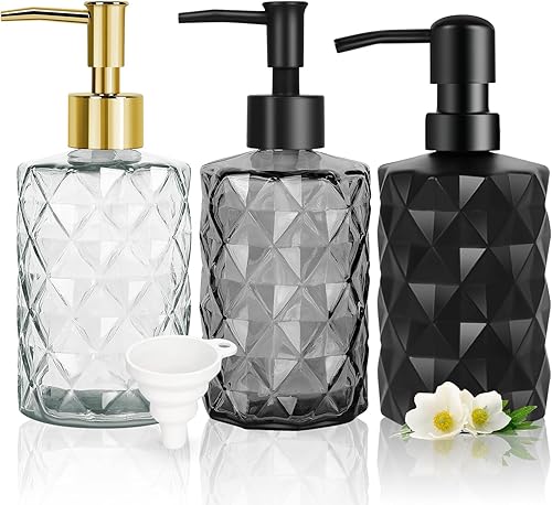 Dispensador de jabón ámbar, dispensador de loción de vidrio de 11.2fl oz11 onzas con bomba dorada, dispensador de líquido de mano recargable de