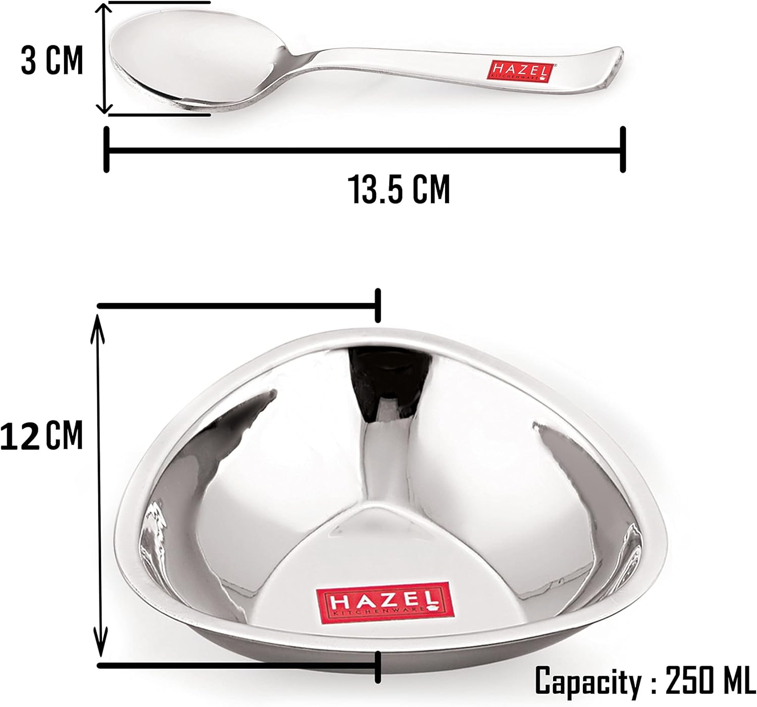 HAZEL Stainless Steel Serving Bowls Set with Spoon| Triangular Shaped Vati Katori Set of 12 | Fancy Serving Bowls for Snacks (12 Vati, 12 Spoon), Capacity 250ml Each, Silver
