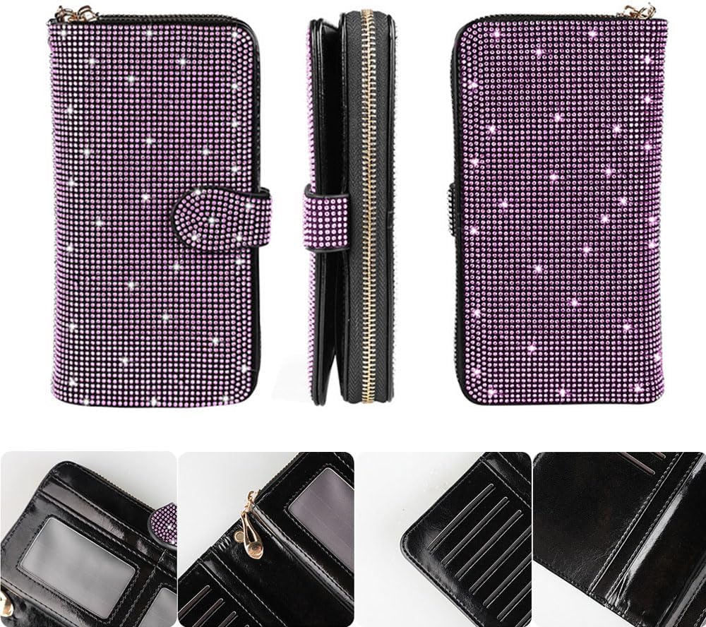 Bling Rhinestone Wallets for Women,Faux Leather Credit Card Holder with Zipper,Foldable Large Capacity Card Wallet,Pink-Big - Image 3