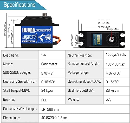 Miniatura 6 de INJORA Servo 25KG de alto par de torsión para modelos de coche RC Crawler Truck (Ángulo de control 270°)