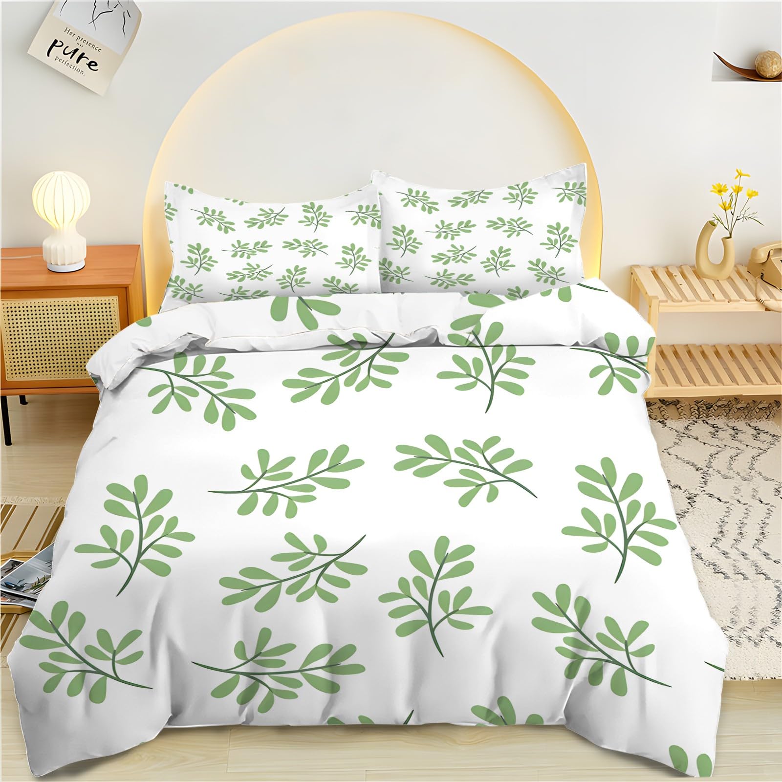 Housse de Couette 200x200 Motif Plantes Vertes Blanc en Microfibre