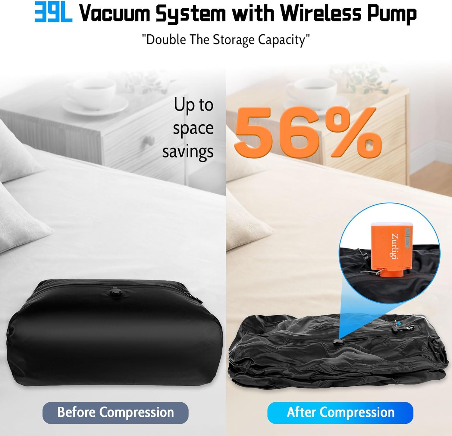 Zurligi Vacuum Bag with Pump for Travel – IPX8 Waterproof Reusable 39L Carry-On Compression Bag with Shoulder Strap for Clothes, Suitcase & Luggage(1-Pack, Black) - Image 2