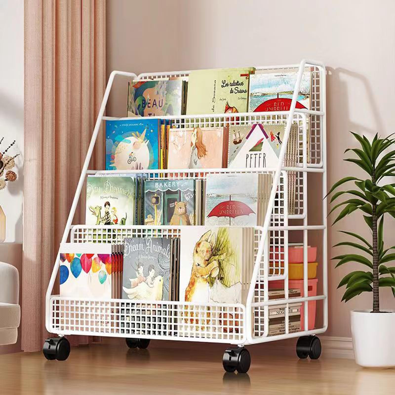 Carro para libros Carro para libros con ruedas Carro utilitario con ruedas de metal de 4 niveles Carro para archivos con ruedas para trabajo pesado Blanco para oficina, hogar, escuela, aula,
