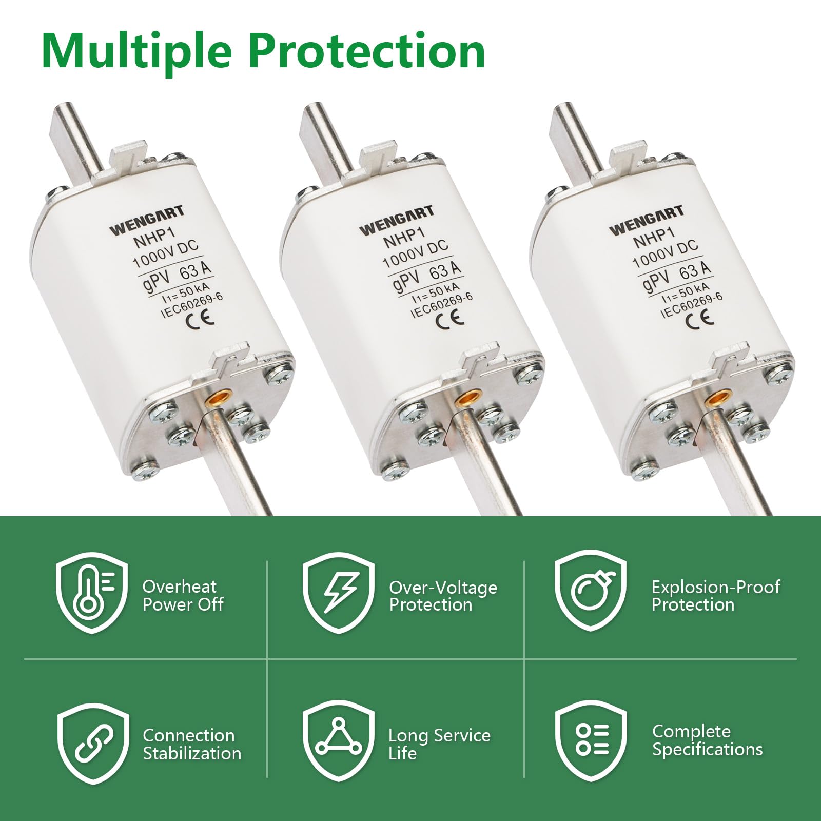 Wengart 3 Pezzi Fusibile DC NH1 gPV 63A 1000V, Protezione Fotovoltaica a Coltello per Inverter e Batterie, Potere di Interruzione 50kA, Classe gPV per Impianti Solari, NHP1