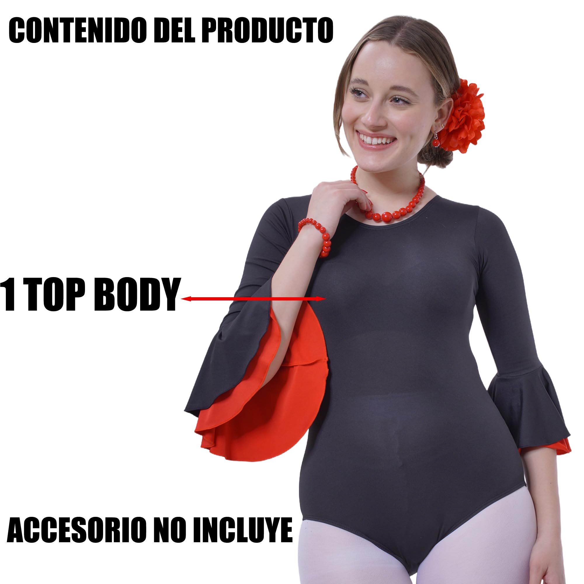 Carnavalife Body flamenco mujer negro maillot danza manga larga con volante, leotardo gimnasia ballet sevillanas, escote redondo, ribete rojo