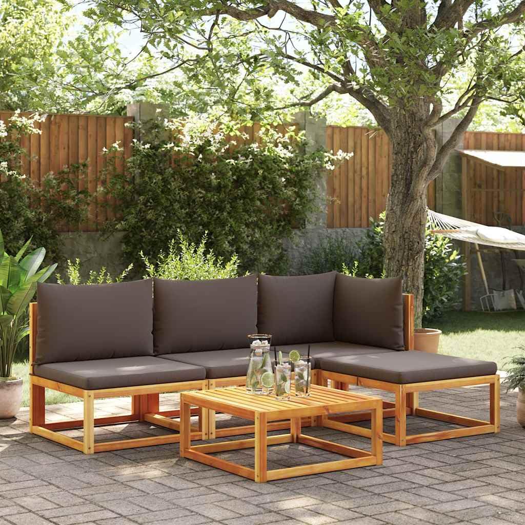 Sofa ogrodowa bez podłokietników z poduszkami z litego drewna akacjowego i szarego rattanu PE, 65 x 65 x 65 cm, sofa outdoorowa do ogrodu, na taras, balkon, wygodna sofa tarasowa z poszewką