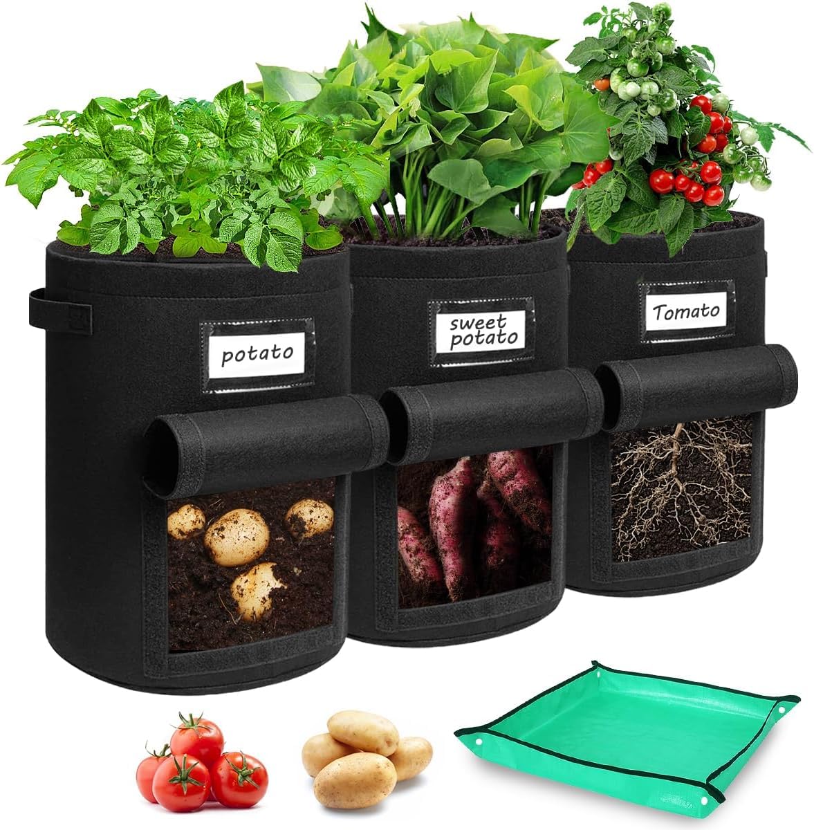 Airminti 3er Set Kartoffel Pflanzsack 50L (13 Gallonen) - Premium Vliesstoff Kartoffelsack mit Erntefenster, Pflanzmatte & Verstärkten Griffen - Pflanztasche für Kartoffeln, Tomaten & Gemüse (Schwarz)
