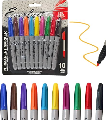 Juego de marcadores permanentes, punta fina, paquete de 10, impermeables, de secado rápido, bolígrafos de escritura multicolor para la mayoría de