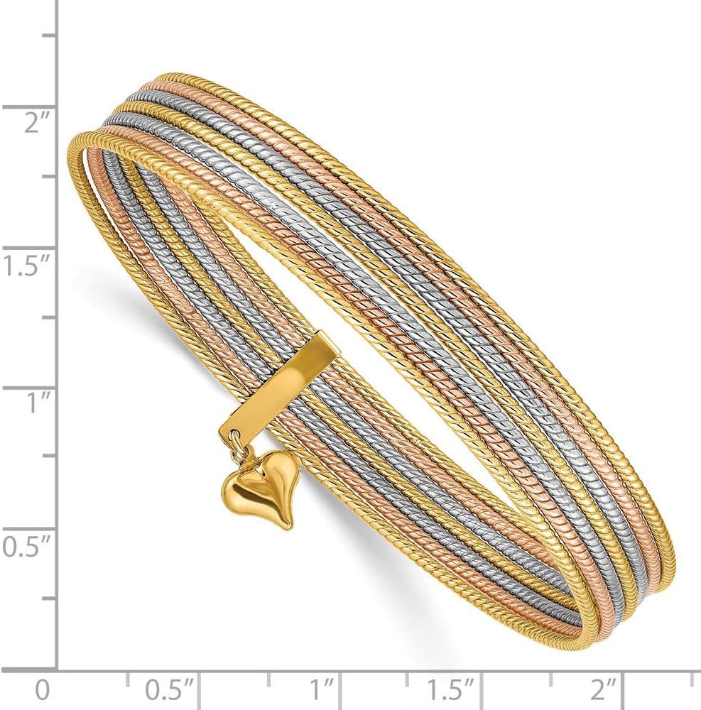 Real 14kt Tri-color w/Dangle Heart Oversized Set of 7 Textured Slip-on Bangles