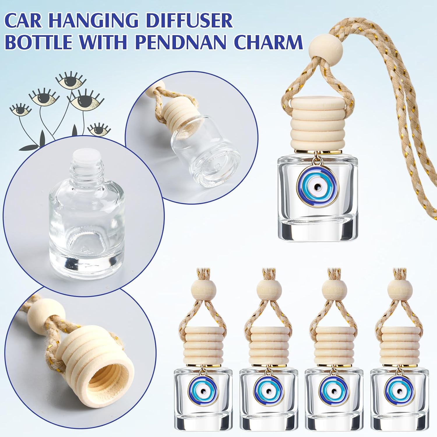 Qinyoung 30 Pack Empty Car Diffuser Bottles with Evil Eye Pendant Hanging