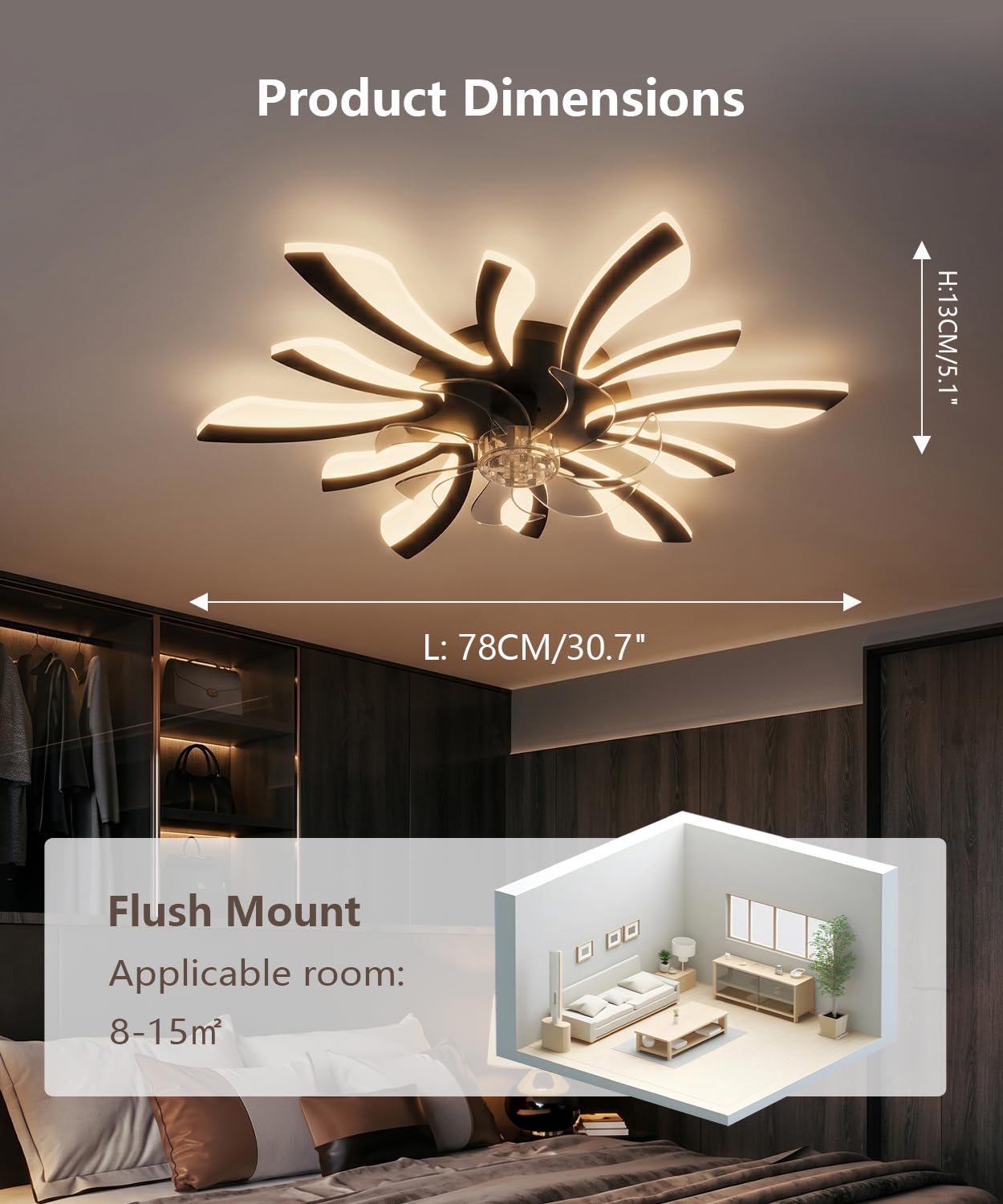 LJX Lampadario con Ventilatore da Soffitto con Telecomando DC Plafoniera con Ventilatore Led Soffitto Silenzioso Dimmerabile Estate e Inverno Cucina Camera da Letto, Nero