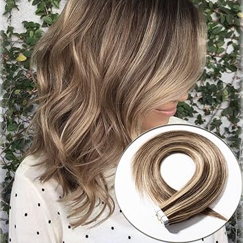 Lady Fashion Mall 14, Medium Brown Mixed Dark Blonde: 14 Inch Ombre Brown Blonde Tape In Hair Extensions Human Hair 100% Straight Remy Hair Skin Weft Seamless 20Pcs/50G+10Pcs Double Sided Tapes