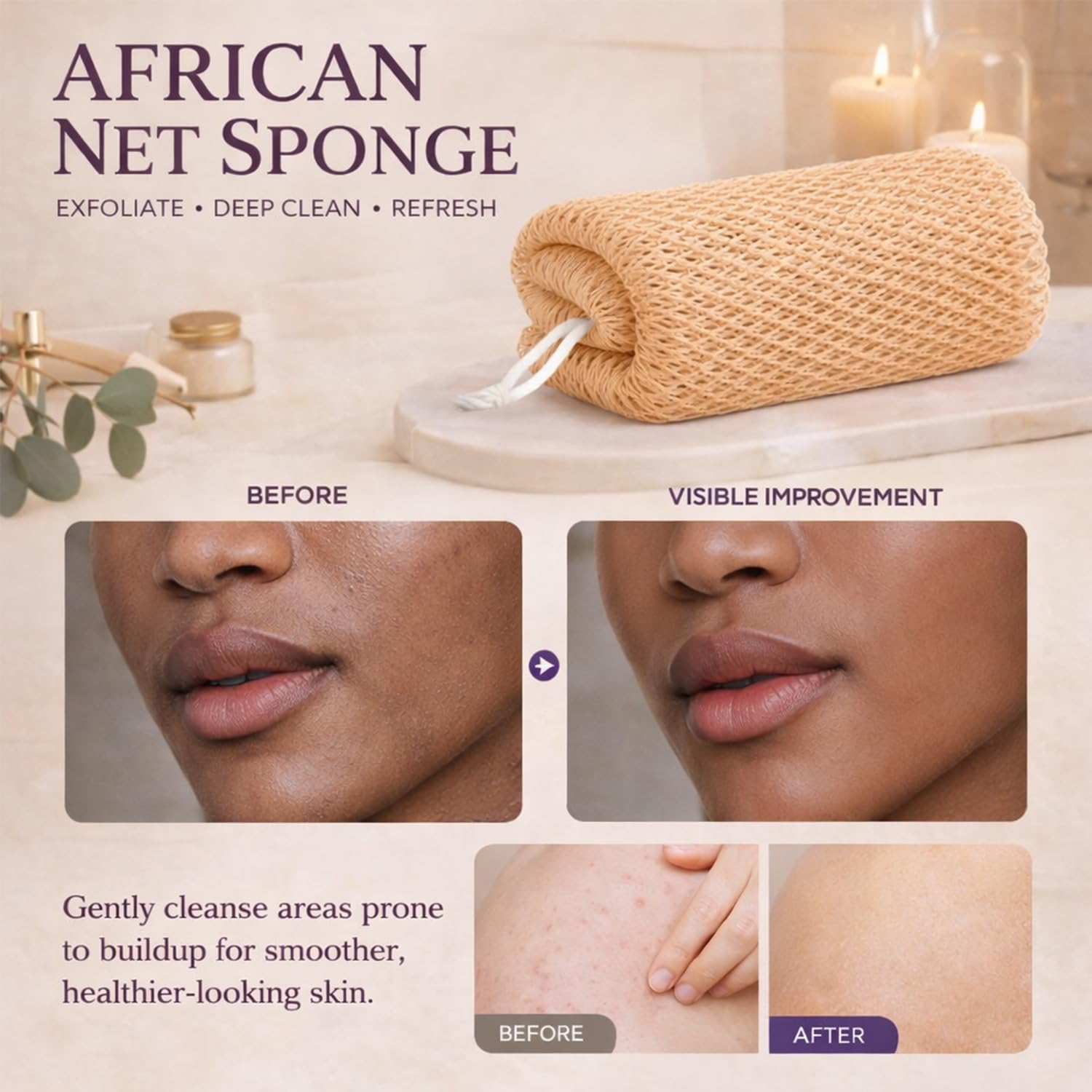 African Net Sponge Authentic, 3 Pcs Exfoliating Net Sponge for Bath, 45 Inch Long Stretch Back Scrubber for Women and Men, Exfoliating Shower Scrubber (Black+Olive Green+Champagne Gold, 3 Packs)