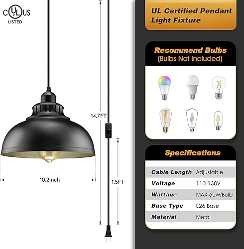 Miniatura 3 de Lámpara colgante enchufable, luces colgantes de 15 pies con cable de enchufe, interruptor de encendidoapagado, lámpara colgante industrial con cable
