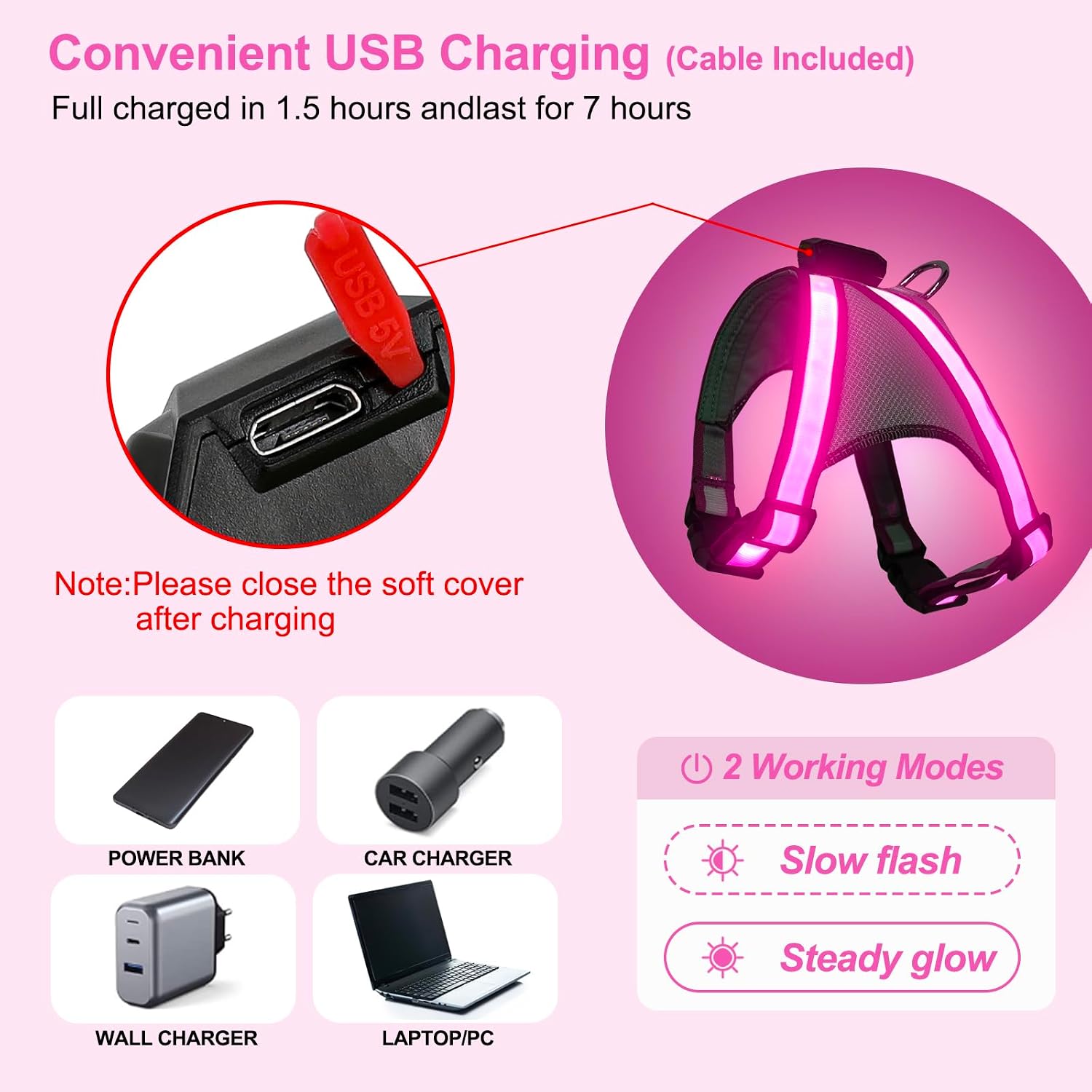 Visinite LED Dog Harness, USB Rechargeable Light Up Dog Vest, 2 Illuminate Modes Glow in The Dark Dog Harness, Adjustable Lighted Pet Harness Light for Night Walking Safety (Pink, M)
