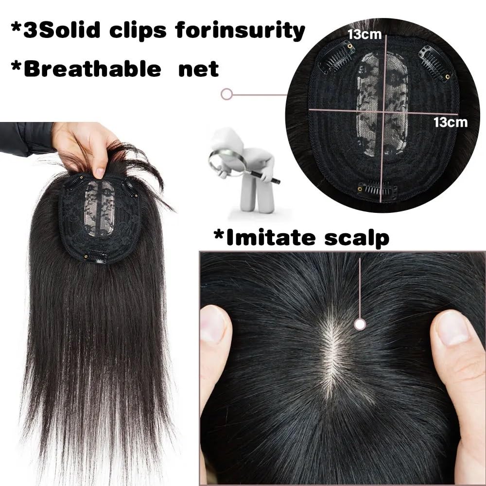 Echthaar-Topper for Damen mit Pony, 13 x 13 cm, nahtlose, unsichtbare Seidenbasis for dünner werdendes Haar for mehr Volumen, 3 Clips(Medium color,8inch)