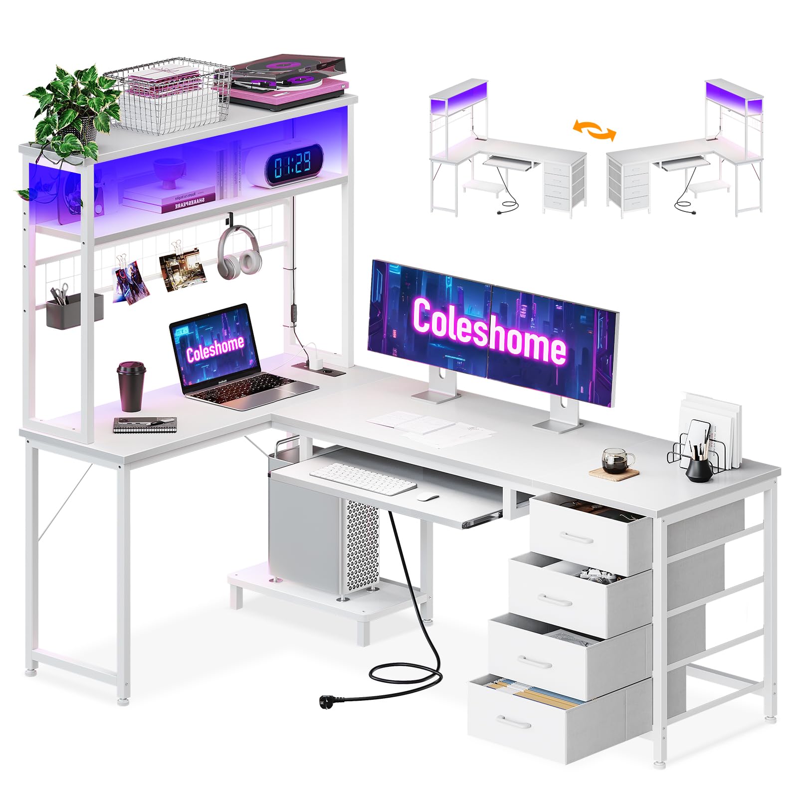 Escritorio Gmaing con Estantes, Mesa Gaming con Cajones y Bandeja para Teclado, Mesa Gamer en L con LED y Toma de Corriente para Jugadores, Blanco, 149.5 × 100 cm