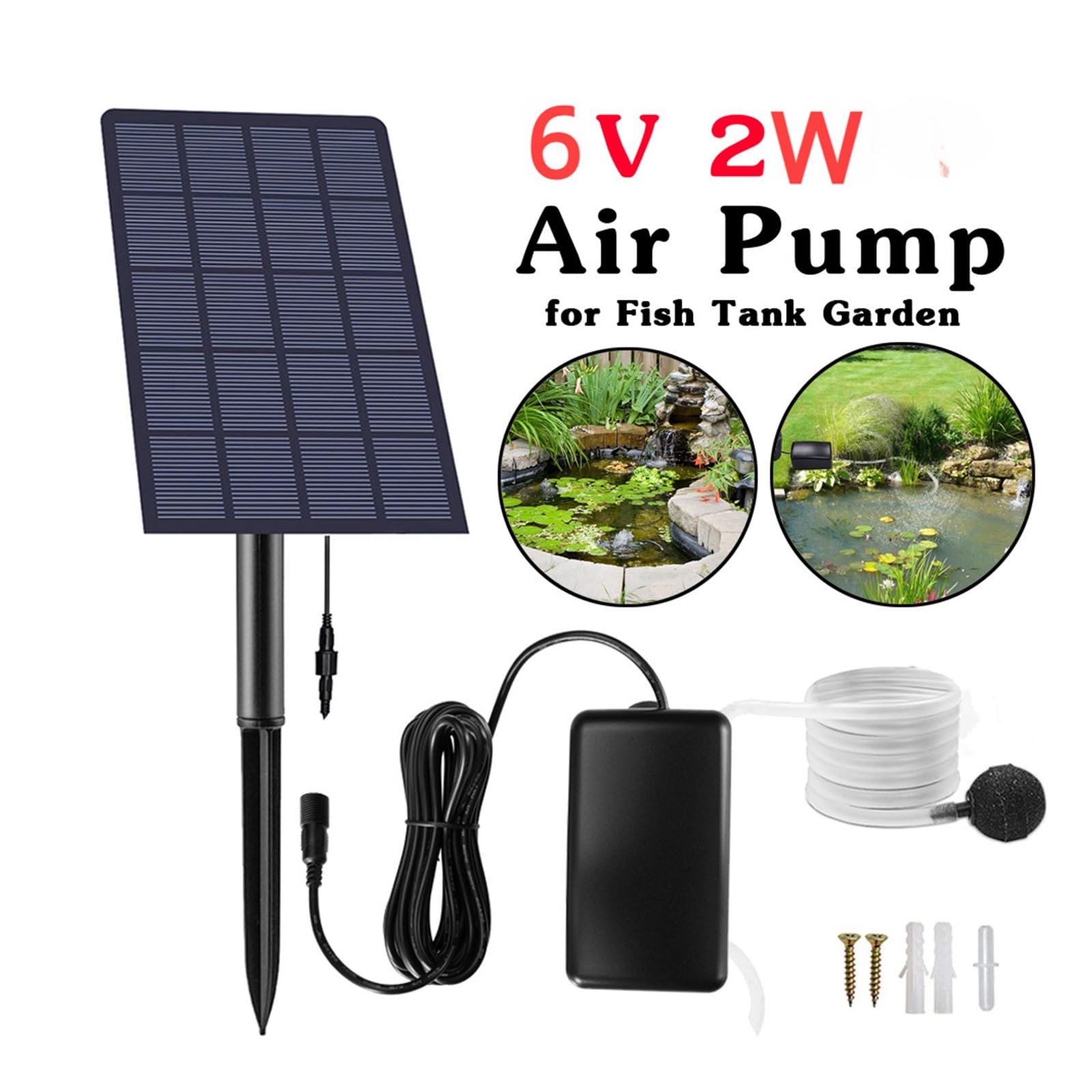 Fontana Solare da Giardino Esterno, 6V 2W Pannello solare Pompa dell'acqua Ossigenatore ad energia solare 0.8L / min Pompa dell'ossigeno dell'aria Aeratore Senza batteria for la decorazione del paesag