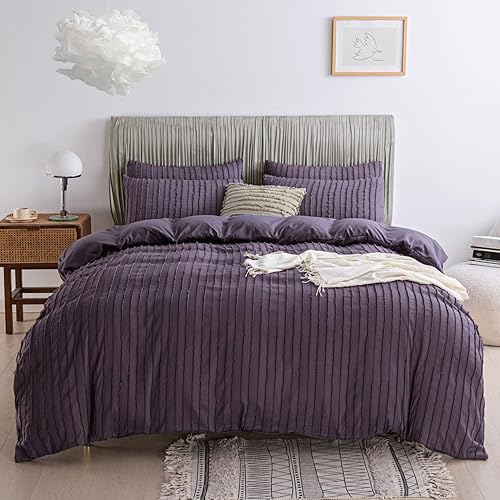 JELLYMONI Funda de edredón morada, tamaño individual, juego de funda de edredón de microfibra copetuda de 3 piezas, funda de edredón con textura de