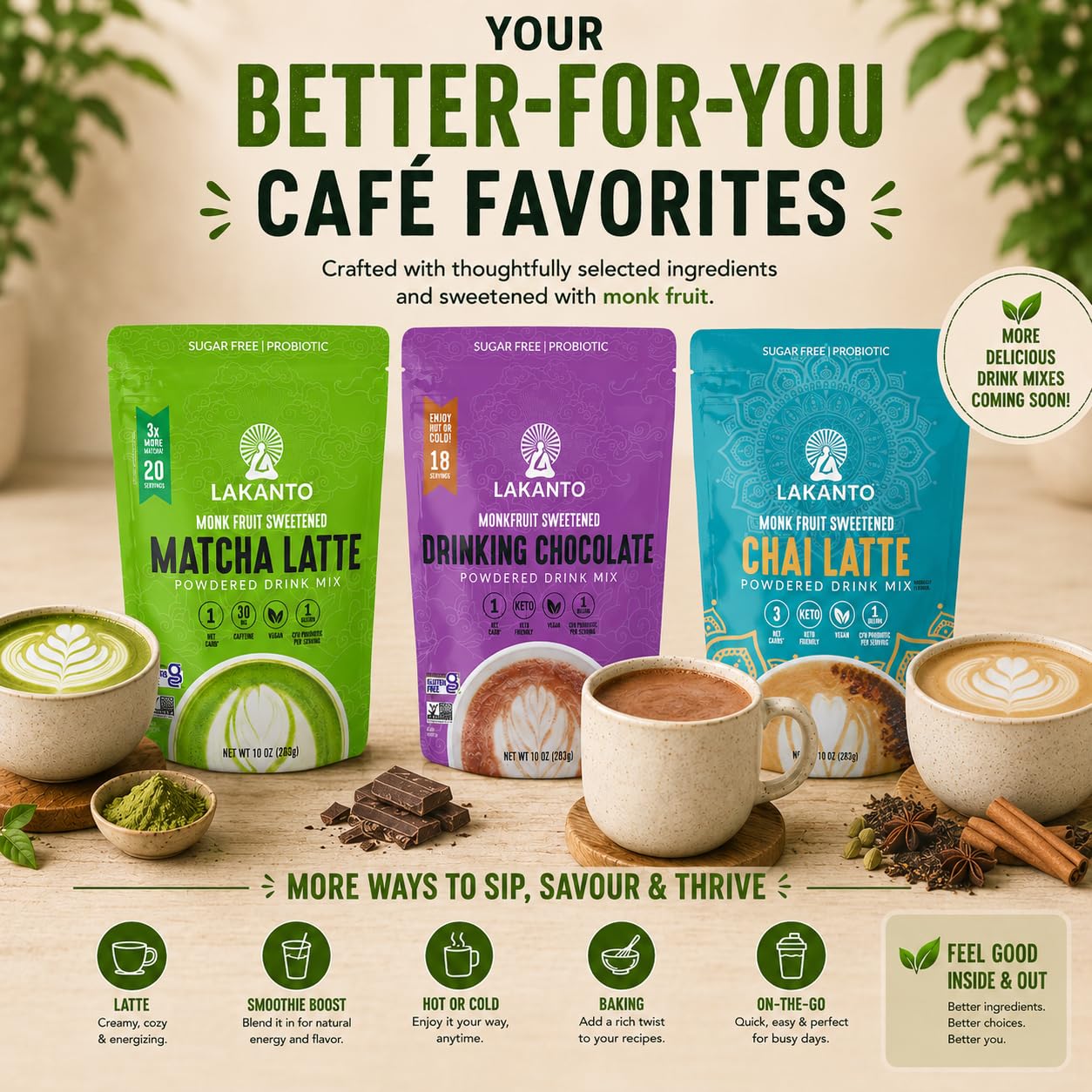 Lakanto Sugar Free Matcha Latte - Green Tea Powder with Shelf Stable Probiotics and Fiber, Sugar Free, Monk Fruit Sweetener, Keto Diet Friendly, Vegan, Detox, Destress, Antioxidants, Authentic (10 Oz)