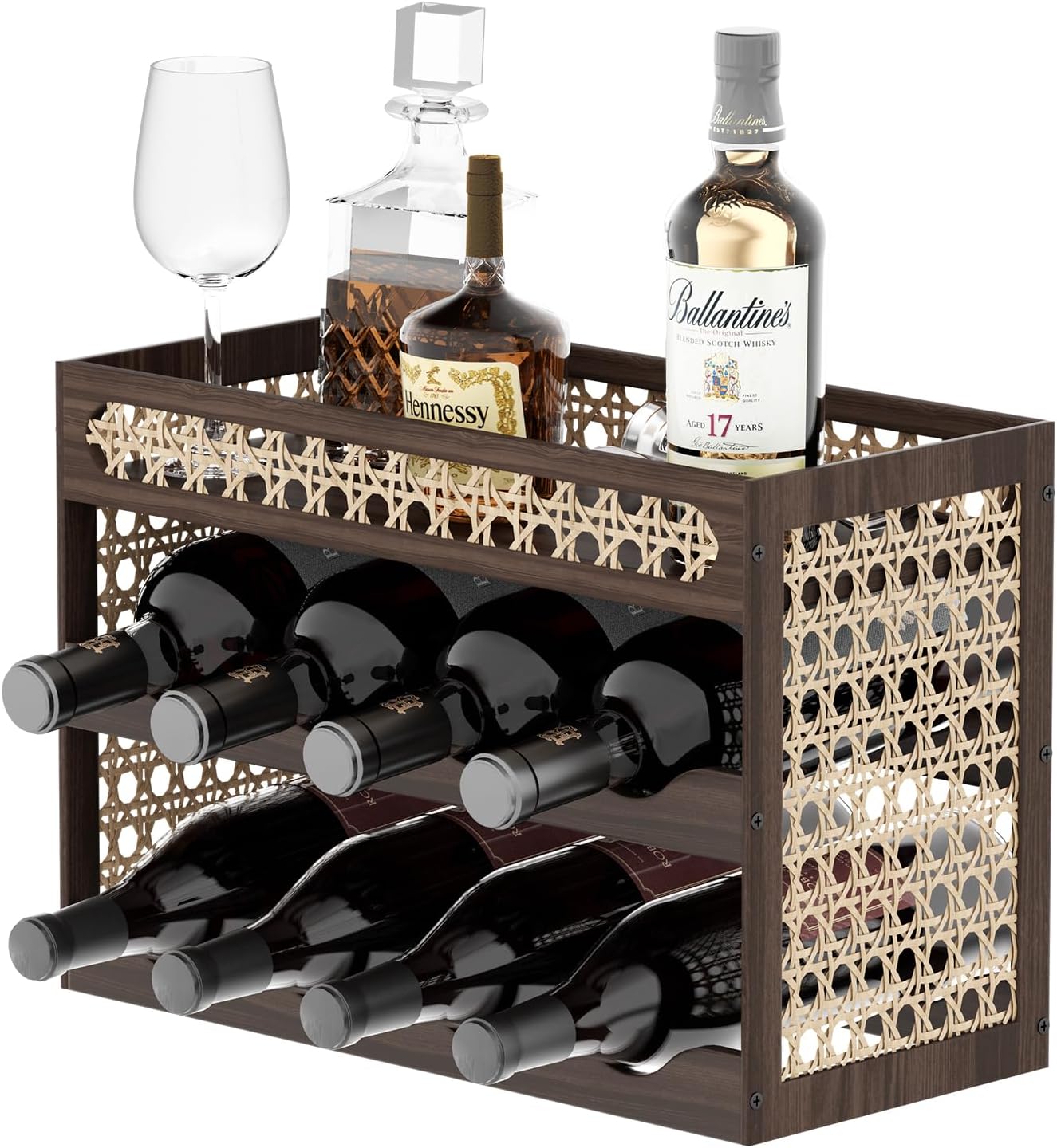 24 Bottle Wine Rack Freestanding Floor, Boho Style Pine Wood and Rattan Weave Plastic Mesh with Wave Design for Ideal Wine Storage, for Kitchen Bar Cellar Display 16.54" x 9.06" x 29.53"