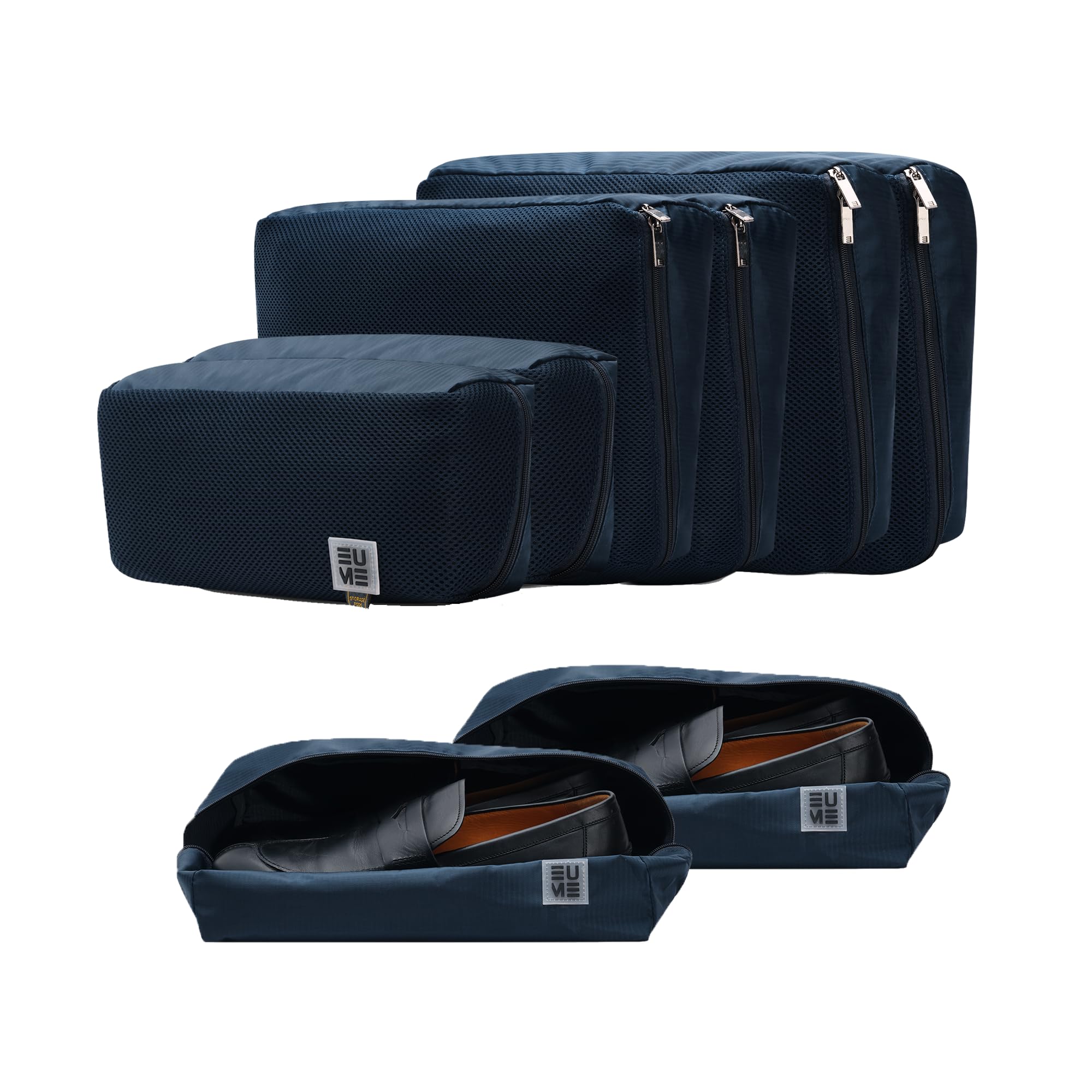 EUME Set of 8 Storage Pods - Travel Organiser Pouch| Durable Fits Into Pocket Cloth Organizer for Storage | Shoe Bag, Toiletry Bag for Men & Women | Spacious Organiser Bags for Clothes | Navy Blue