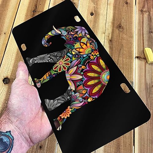 Miniatura 5 de Placa de matrícula decorativa de aluminio con diseño de mandala floral y elefante alegre, placa de metal divertida para automóvil, 6 x 12 pulgadas,