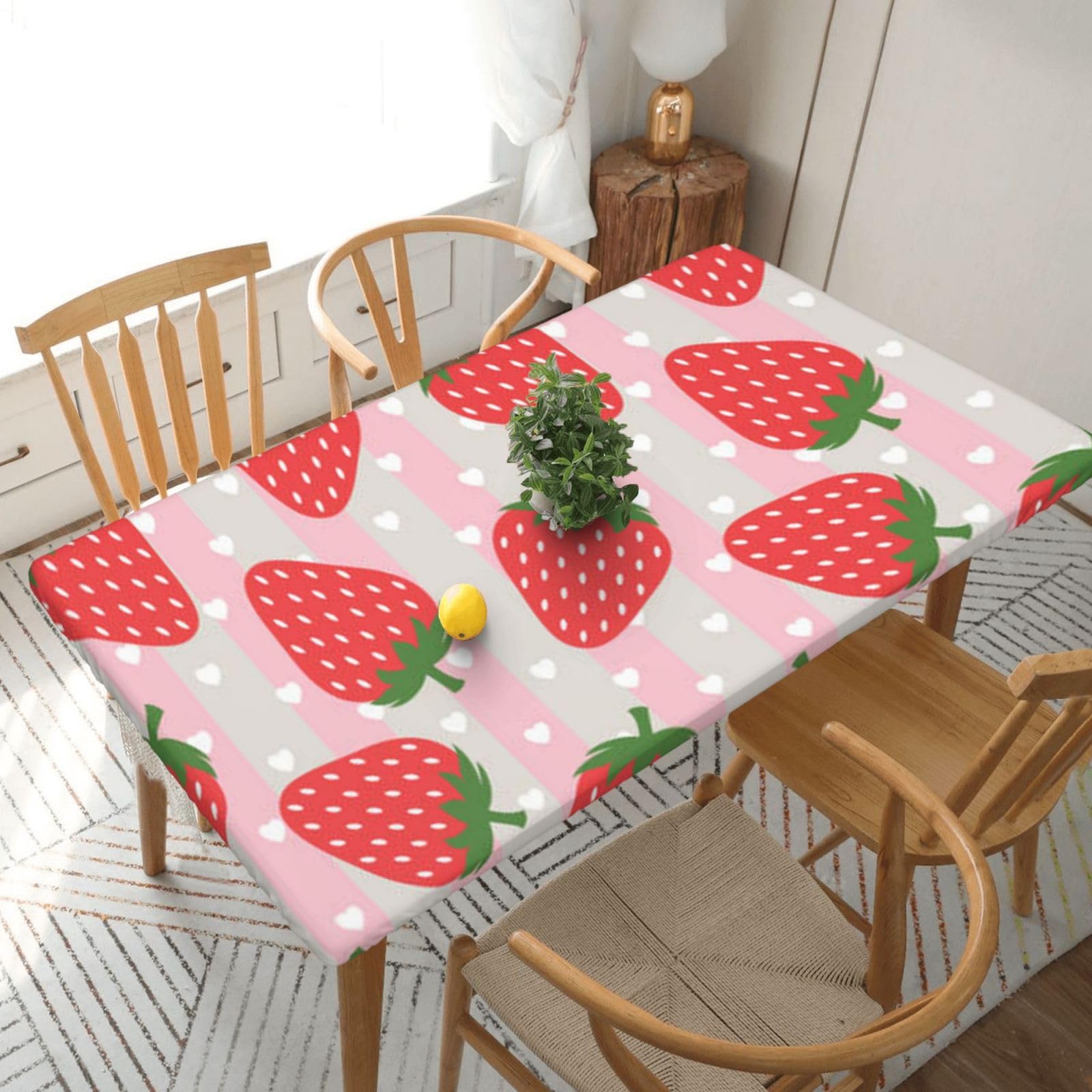 BNVSADC Pink Strawberry Printed 5FT Tablecloth Polyester Kitchen Water Resistant Table Cloth Dining Table Decoration Table Covers, 152x76 CM