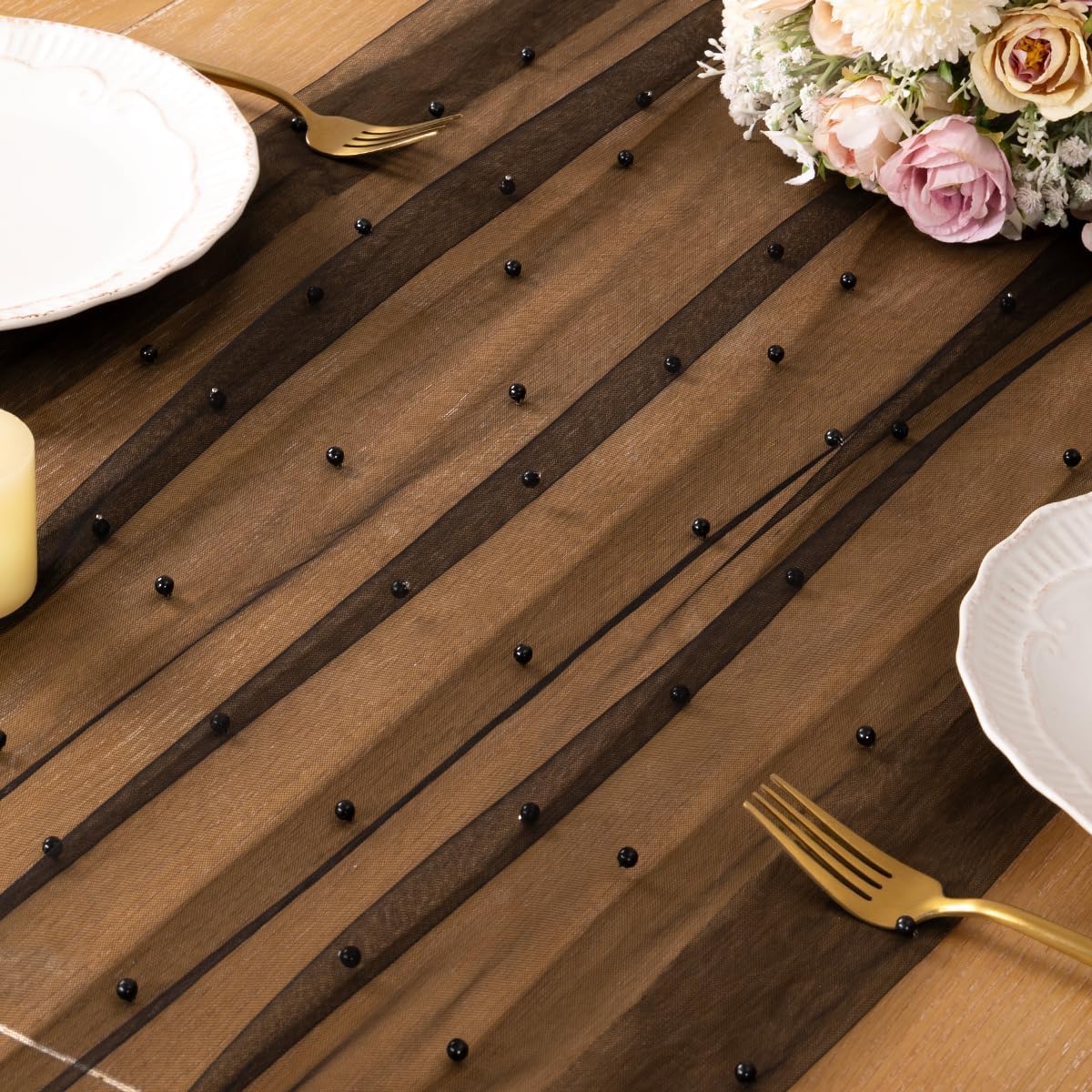 DeZerlor Pearl Black Gauze Table Runner 120 Inch 10FT, Seasonal Sheer Dining Holiday Wedding Birthday Baby Shower Table Decor for Home Party