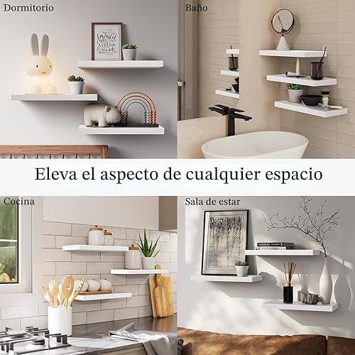 Miniatura 8 de BAYKA Estantes flotantes blancos para pared, estantes de pared de madera rústica con soportes de metal para baño, dormitorio, cocina o sala de C.