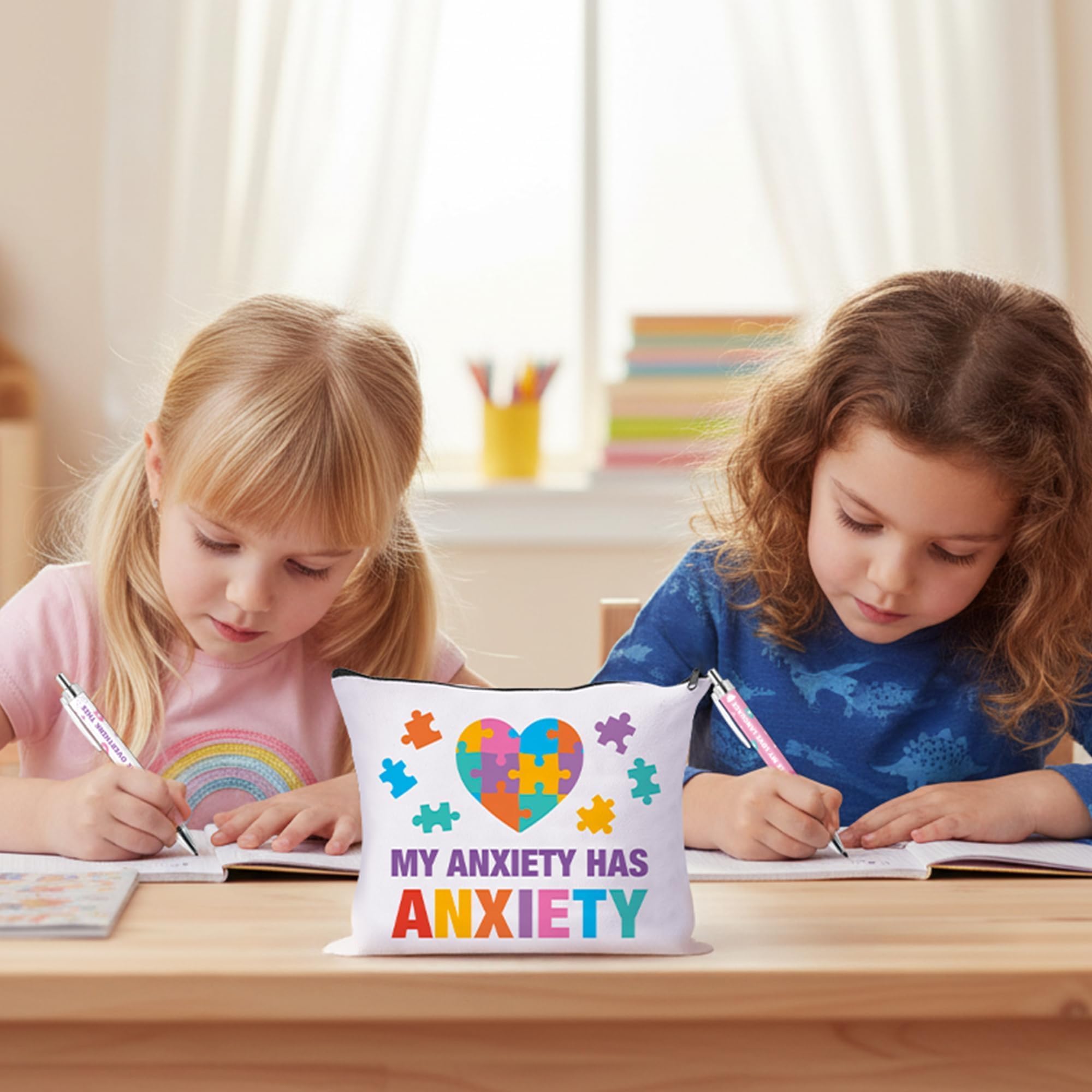 CY2SIDE Anxiety Funny Gift Set for Adult- Relief Black Ink Ballpoint Pen with Sayings for Anxiety, Canvas Makeup Bag & Crystal Keychain for Women Mental Health Month Gift for Coworker Friends Nurse