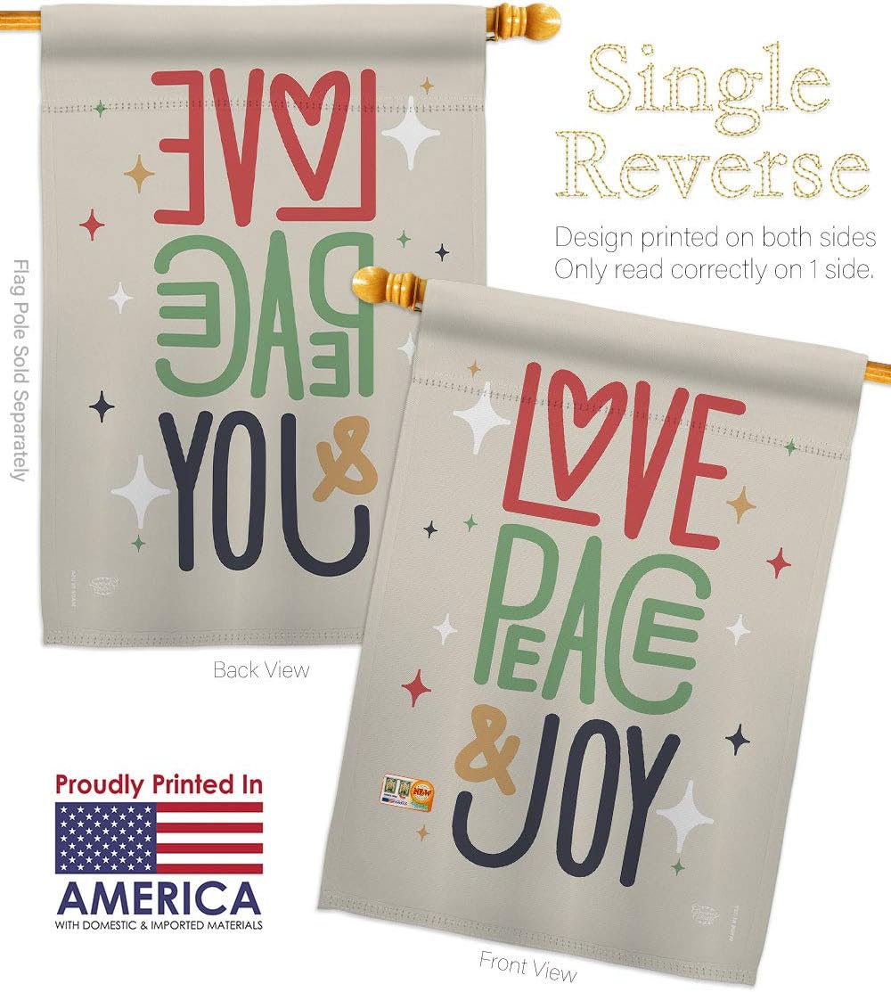 Love Peace Joy House Flag Dowel Set Wintertime Winter Wonderland Snowflake Snowman Ice Skate Season Snow Small Decorative Gift Yard Banner Made In USA 28 X 40
