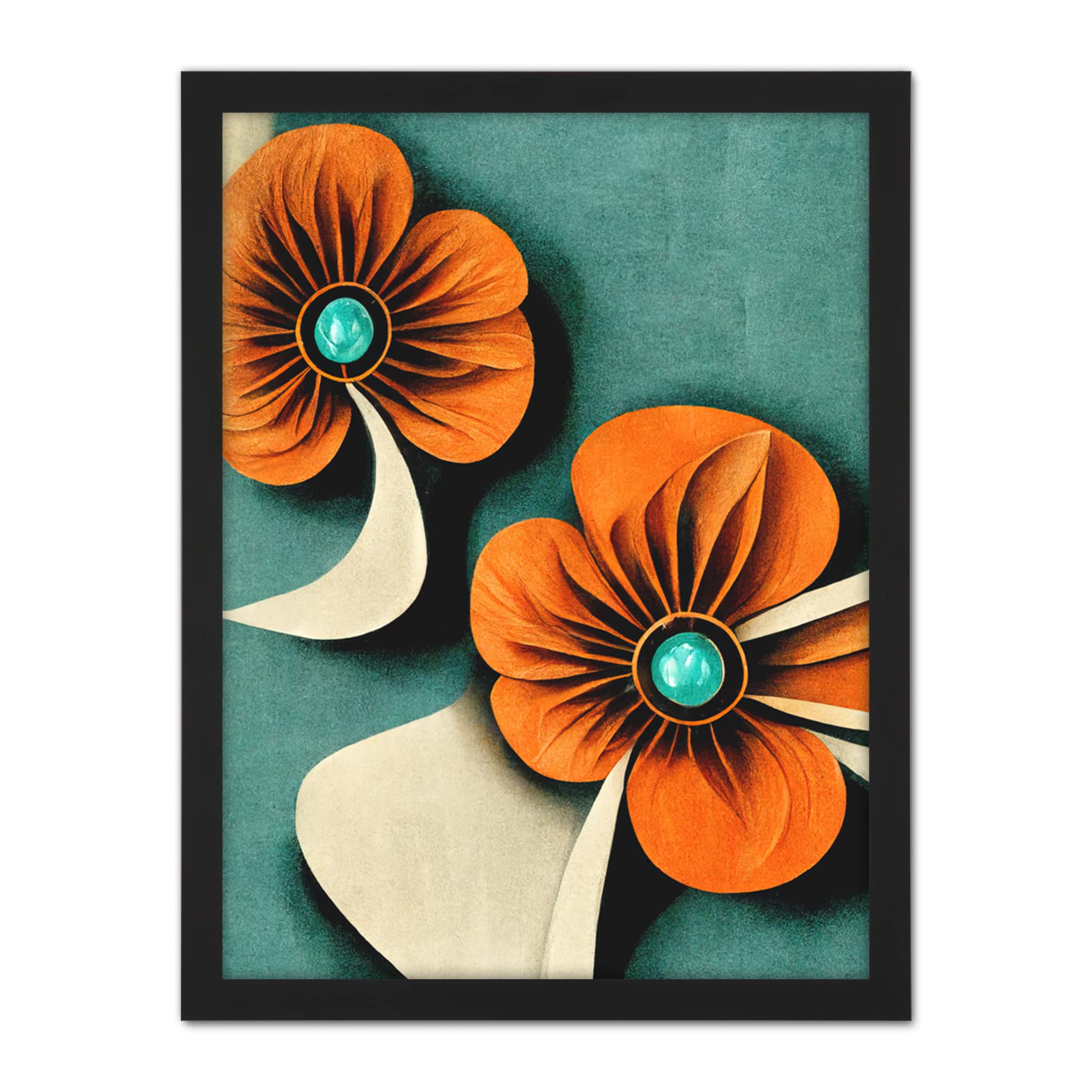 Doppelganger33 LTD Abstract Papercut Orange And Cream Flowers On Teal Artwork Framed Wall Art Print 18X24 Inch