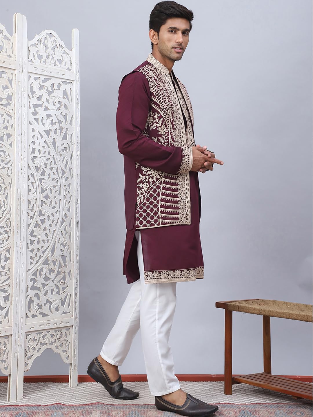 Jompers Maroon Mens Embroidered Waistcoat And Kurta Pyjama. (Maroon, M)