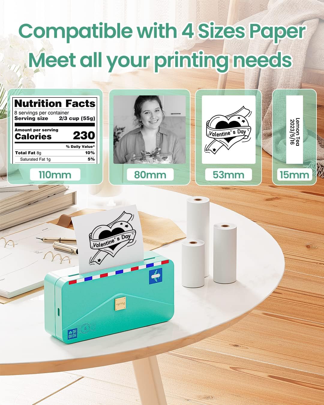 Phomemo M04AS printer showing compatibility with 15mm, 53mm, 80mm, and 110mm paper sizes