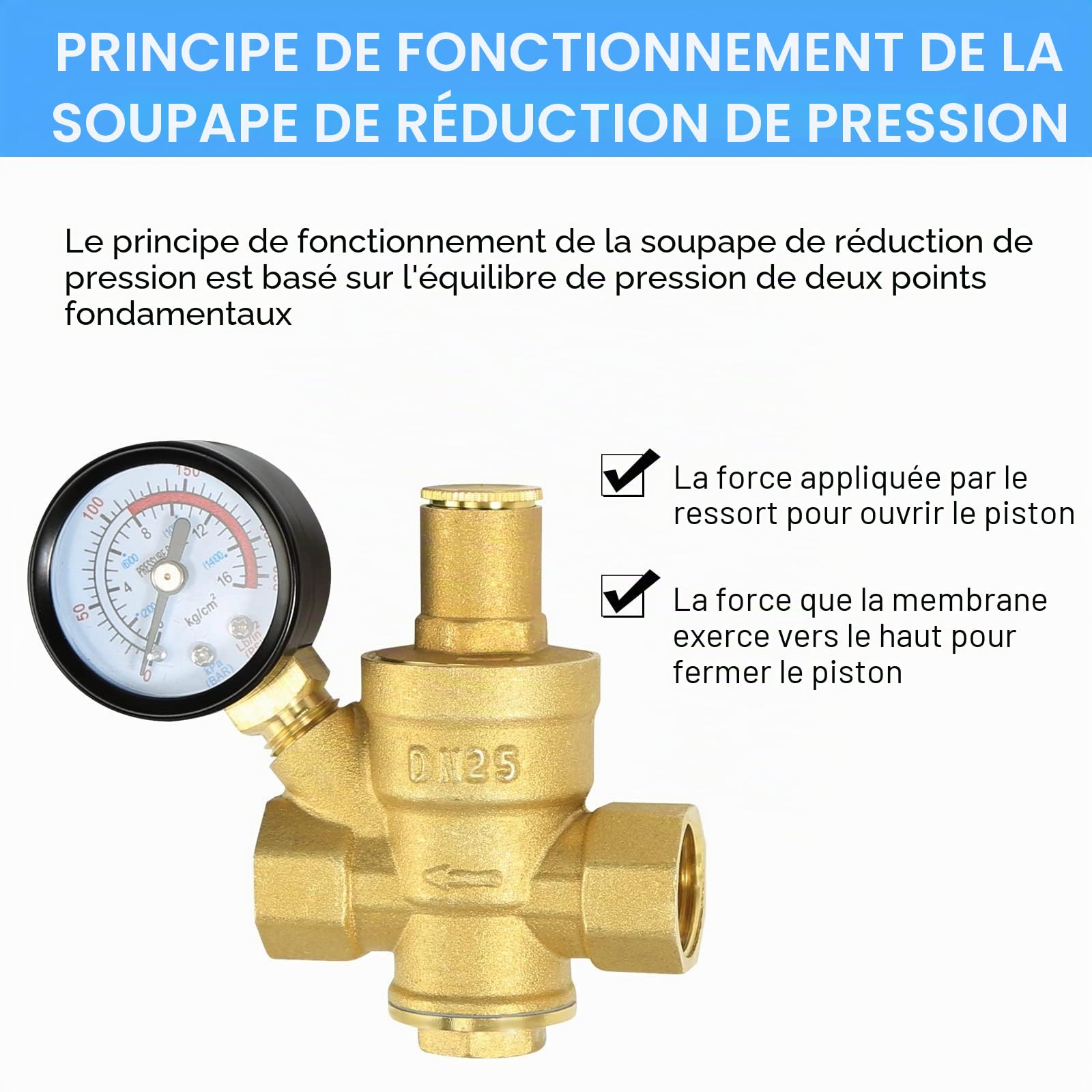 Reducteur de Pression eau DN25 1 Pouce Avec Manometre Pression eau, Fabriqué 100% en Laiton de Haute Dureté, Réducteur de Pression d'eau Limiteur de Pression Arrosage Regulateur de Pression d eau
