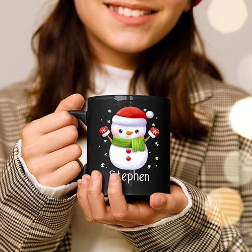 Miniatura 2 de Taza de cerámica personalizada de muñeco de nieve de Navidad, taza de café negra personalizada de muñeco de nieve de 11 onzas y 15 onzas, taza de