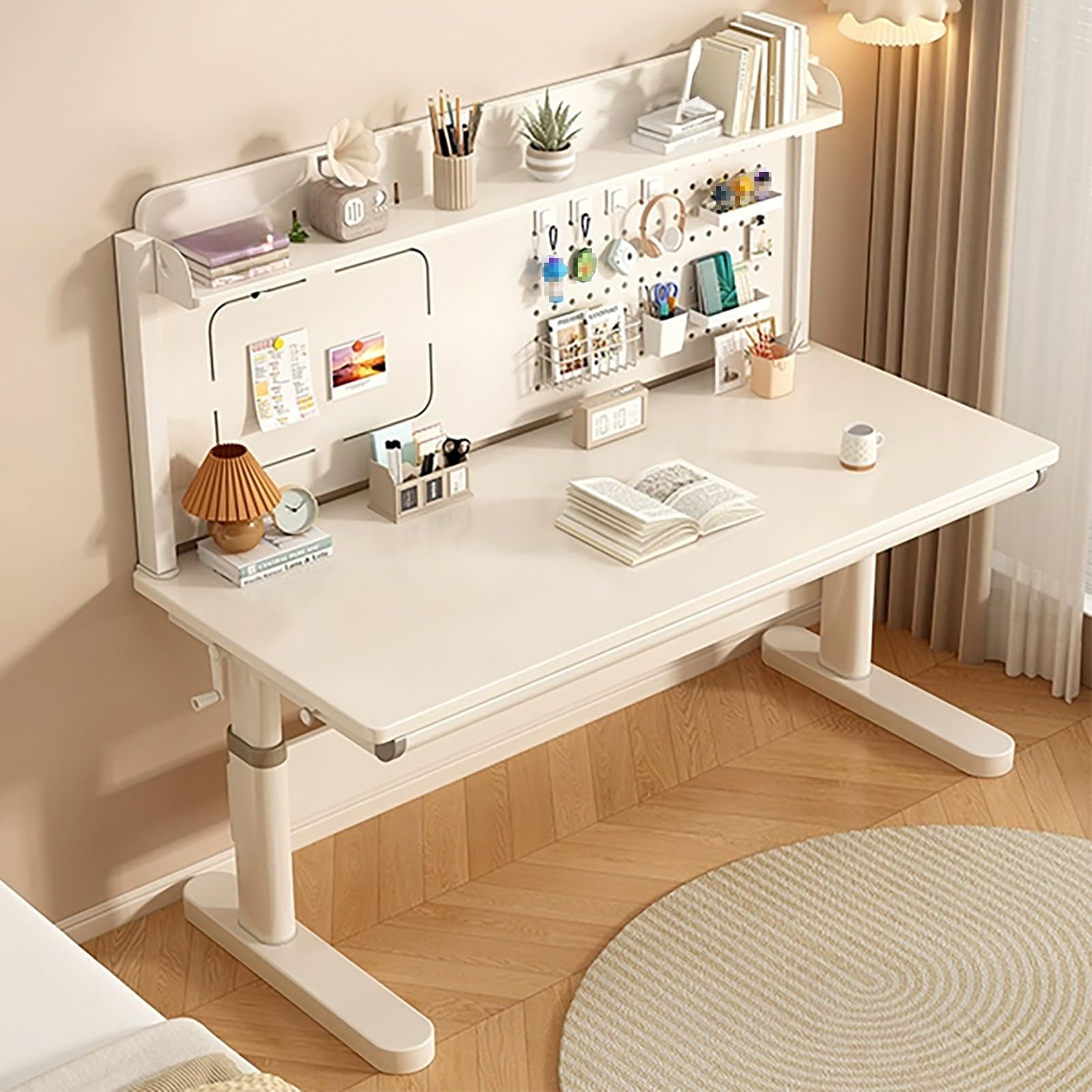 MYUYEE Manual Adjustable Standing Desk, Sit Stand Up Desk With Drawer, Computer Desk With Perforated Board Bookshelf, Ergonomic Office Desk, Carbon Steel Legs (140X60Cm)