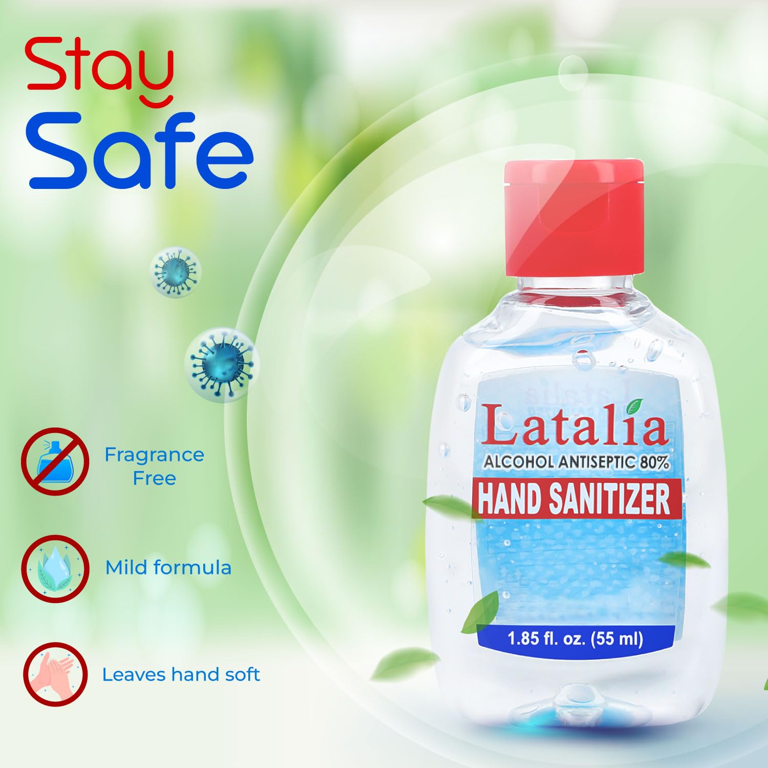 Latalia Mini Hand Sanitizer - Pack of 96 Travel Hand Sanitizers - Unscented Mini Clean Scent Non-Drying Gel (55ml & 1.85 fl. oz)