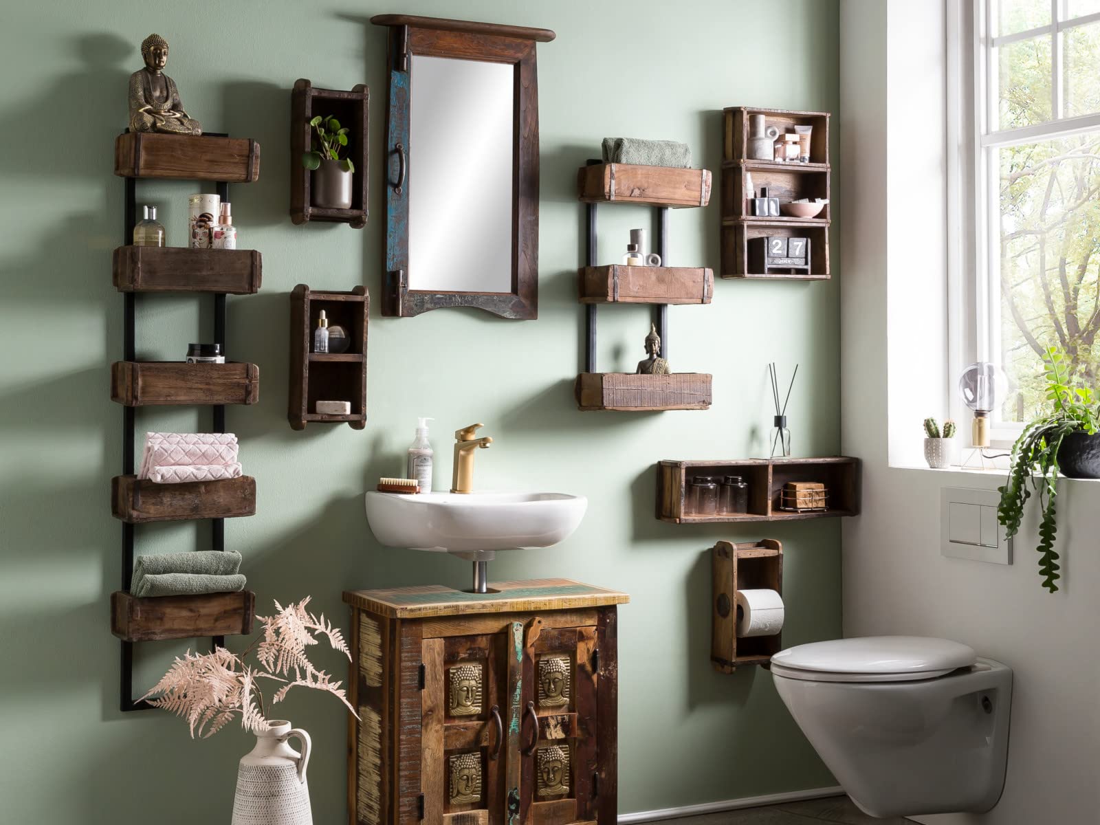 Woodkings Wandregal Ziegelform 5er Altholz Metall Wandderoration Aufbewahrungsbox Backsteinform rustikal mit Metallbeschlägen Holzbox Wandboard Shabby Geschenkidee Regal Gewürzregal