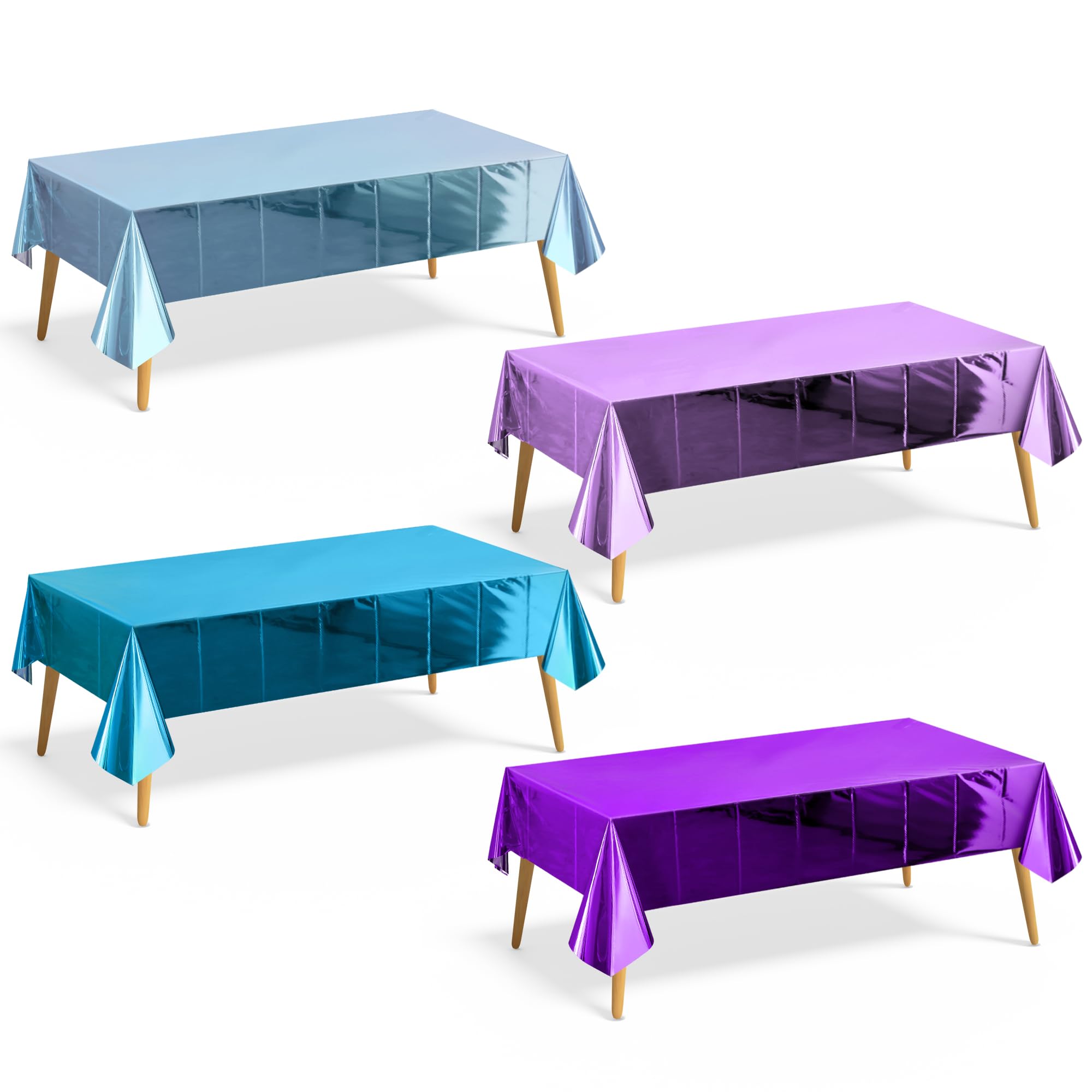 4 pcs Light Blue &amp; Lake Blue &amp; Light Purple &amp; Dark Purple Foil Tablecloth 54*72" Plastic Birthday Party Table Cloths Disposable Waterproof Table Cover for Christmas Wedding Graduation Party Supplies