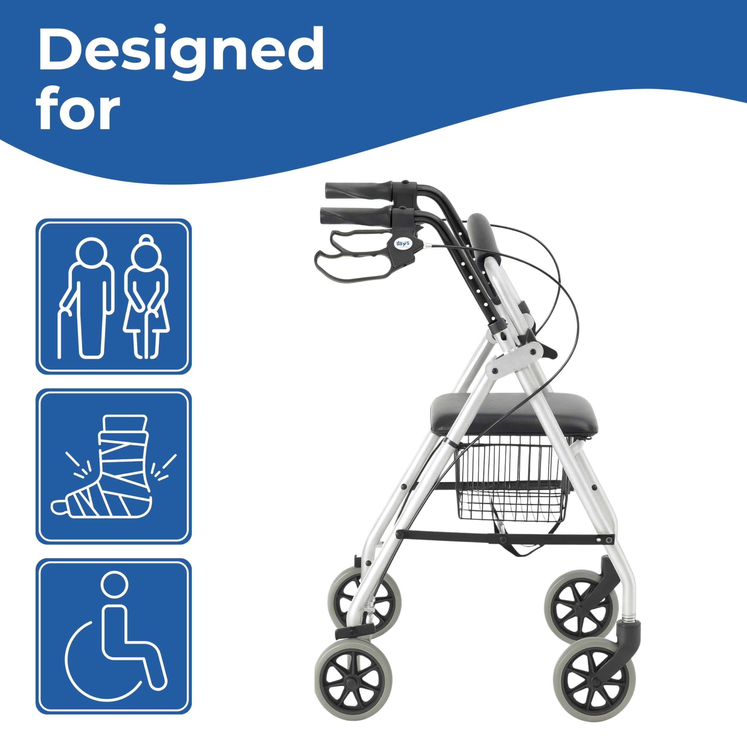 DAYS Essentials Rollator Walker with Seat - Lightweight Mobility Walker, Folding Frame with Padded Seat, Backrest & Basket, Walking Aid for Elderly, Adjustable Handles, Mobility Aids - Silver/Grey