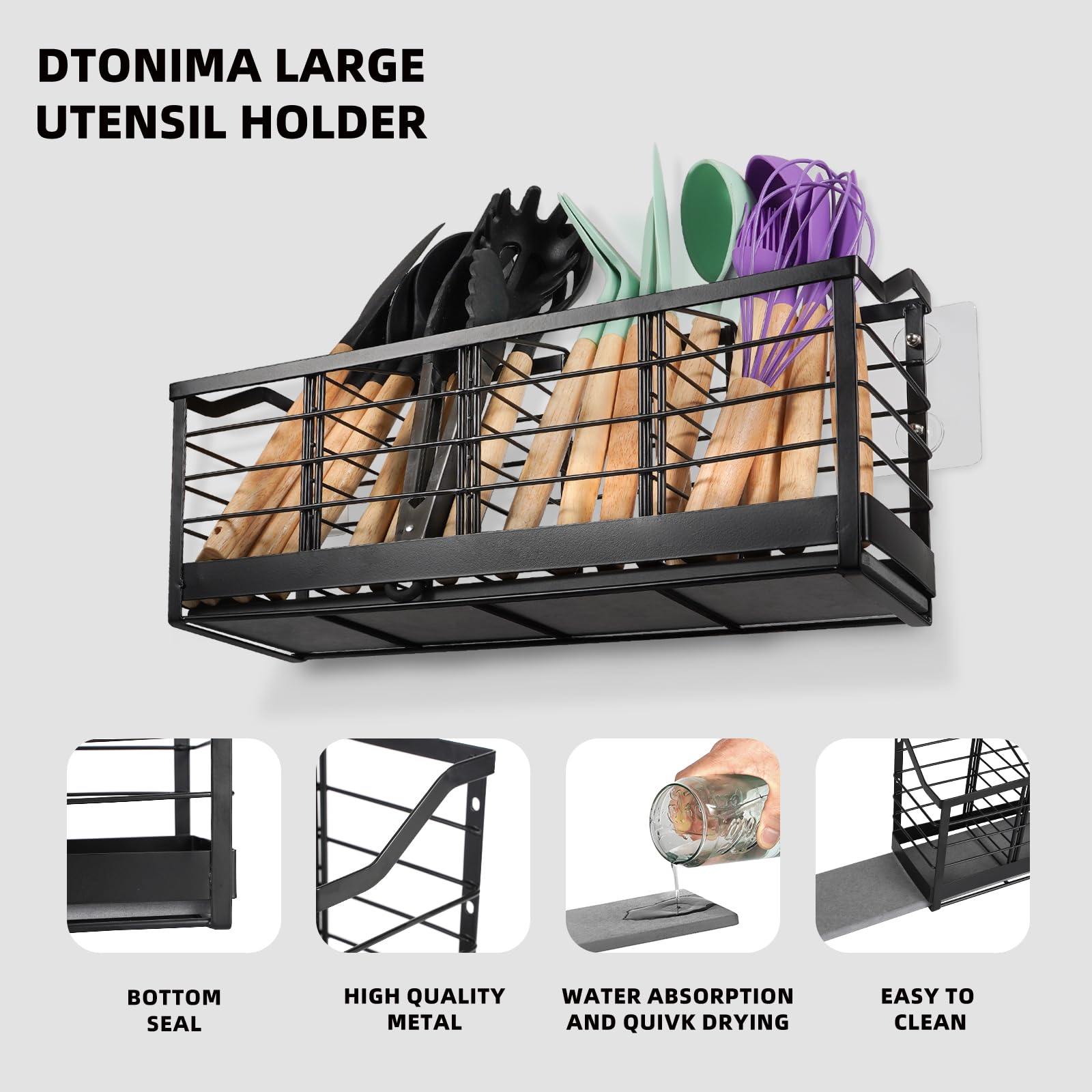 Großer Küchenbesteckhalter mit Diatomit-Boden – Wandmontierbarer Utensilienhalter mit 4 Fächern – Schnelltrocknender Organizer aus Metall in Mattschwarz für Arbeitsplatte oder Wand