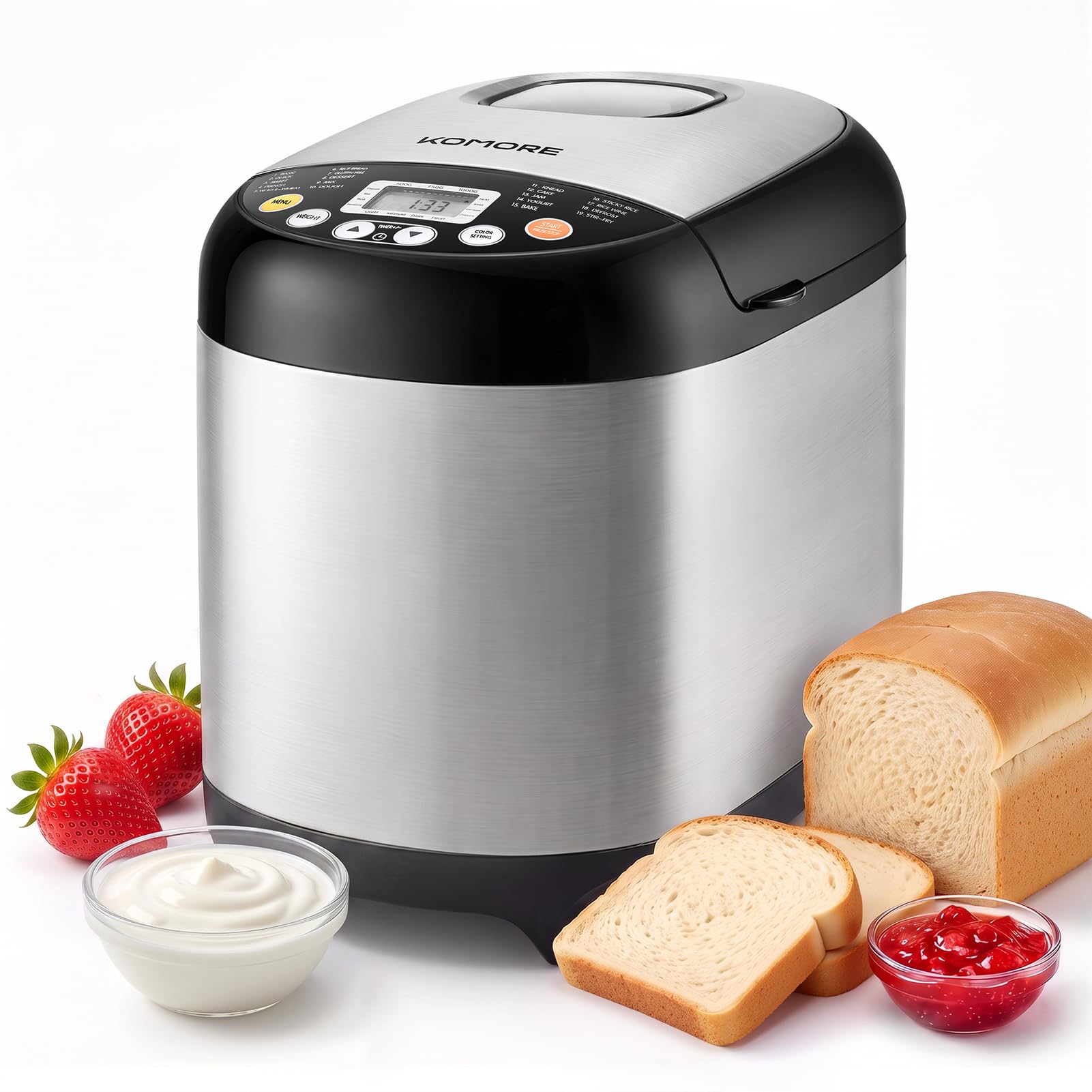 KOMORE Bread Maker Machine Stainless Steel, 19 Programmes with Gluten Free
