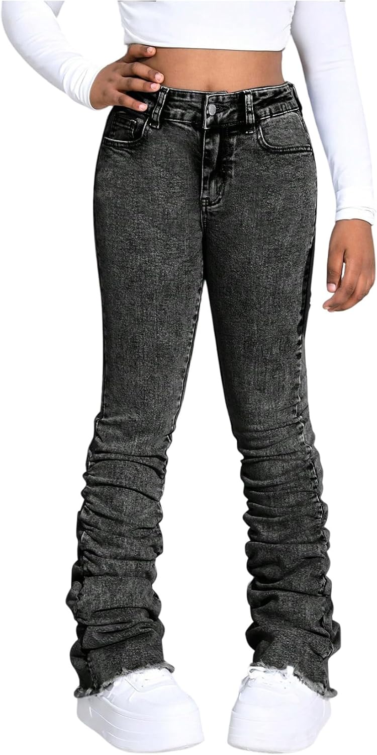 WDIRARA Girl's Distressed Flare Jeans Y2K Streetwear Skinny Denim Stacked Pants with Pockets
