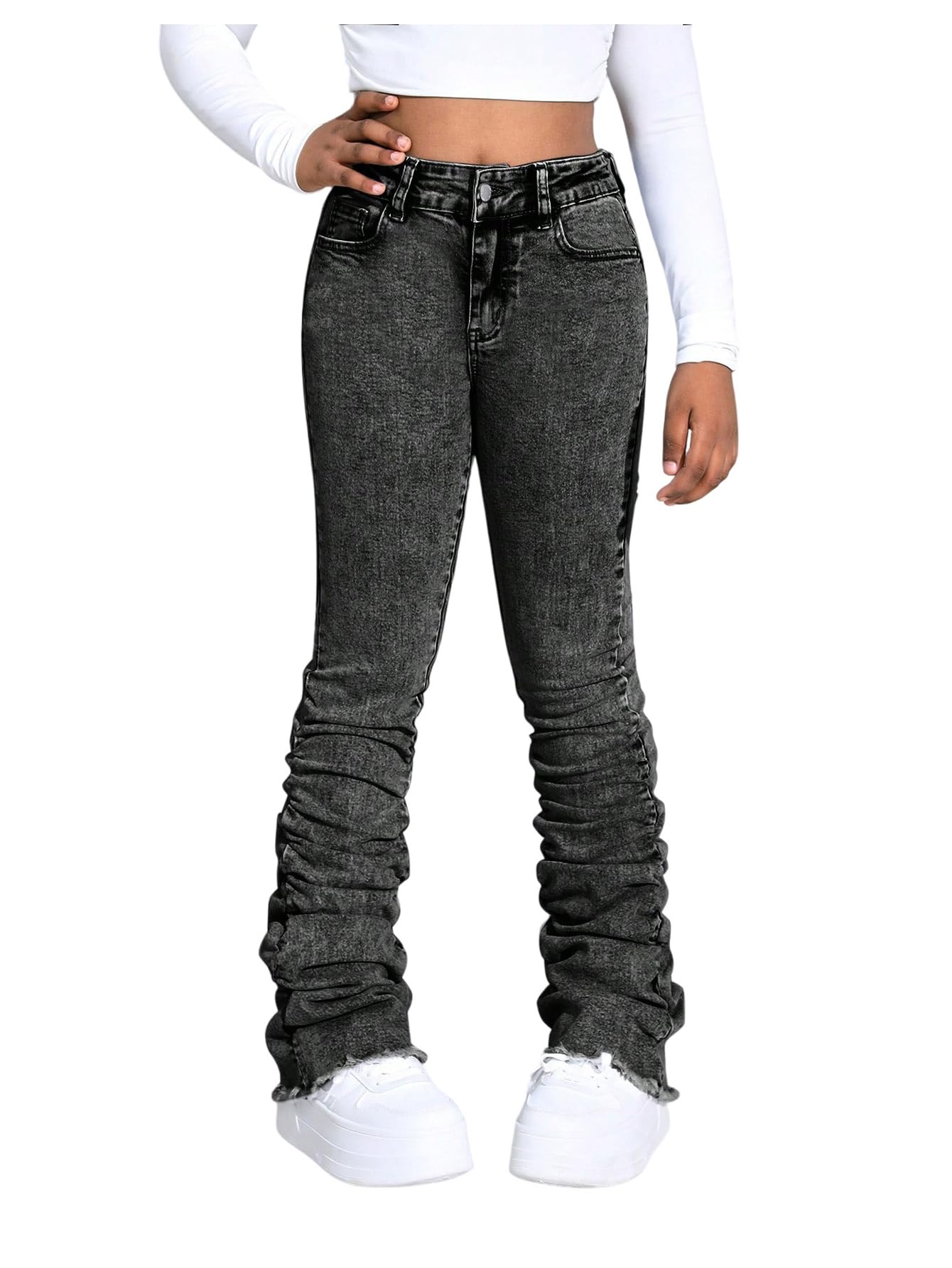 Girl's Distressed Flare Jeans Y2K Streetwear Skinny Denim Stacked Pants with Pockets