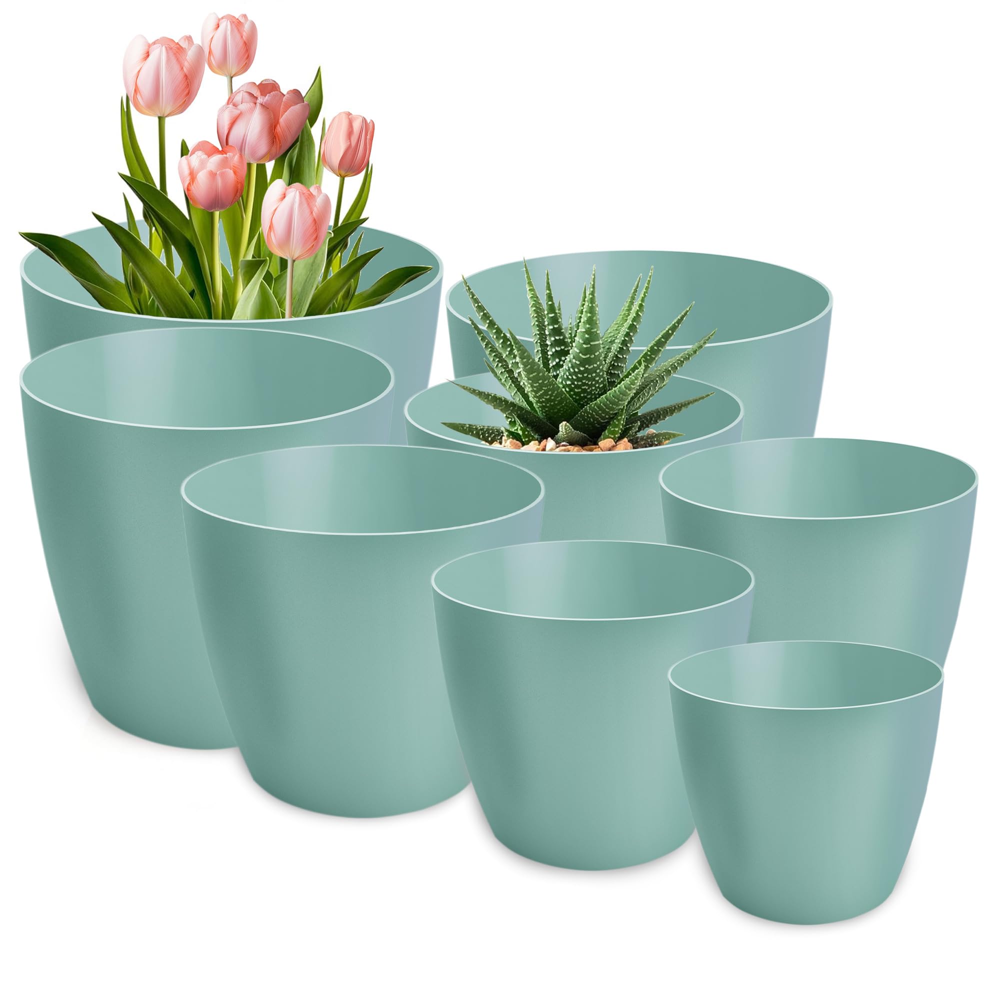 Blumentopf matt, 8er-Set blumenkübel, 9,5/12/14/16/18/20/25/30 cm Pflanzkübel aus Übertopf Kunststoff Topf für, groß und klein Pflanzen, 8er-Set blumenkübel kräutertopf, Grün